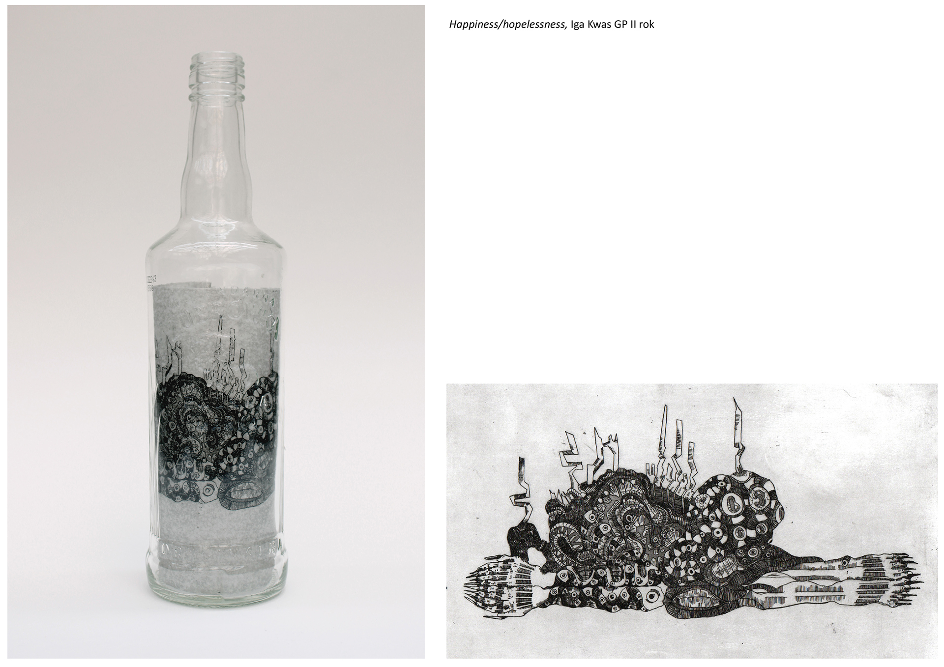  Tytuł: Happiness/hopelessness. Autorka: Iga Kwas. Dwie fotografie. Od lewej szklana butelka po wódce z grafiką nadrukowaną na papierze w środku. Po prawej: grafika ze środka butelki w czerni i bieli przedstawiająca zdeformowaną postać ludzką. 