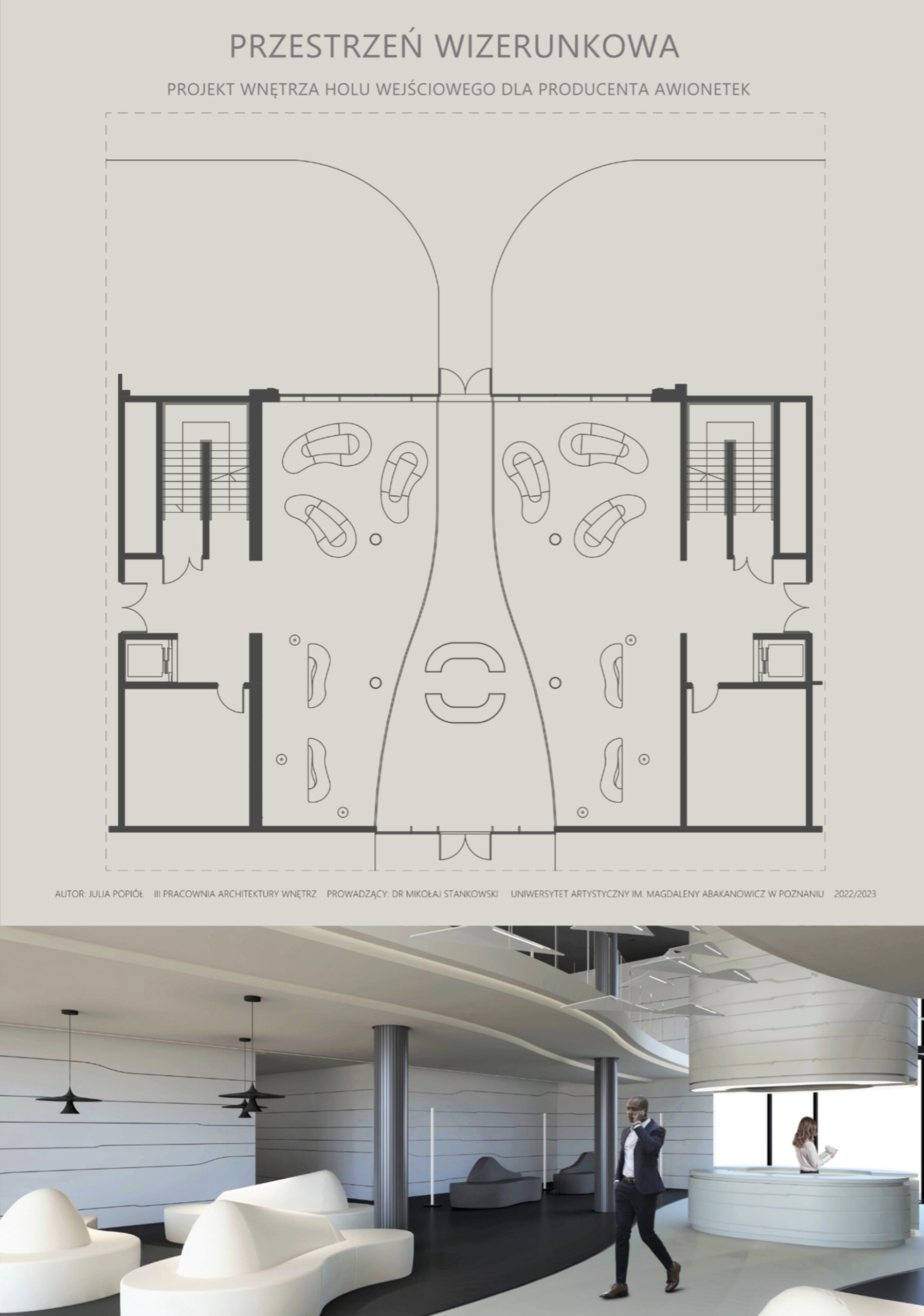 Plansza przedstawiająca rzut  holu wejściowego w budynku producenta awionetek. Kompozycja rzutu oparta na płynnych, miękkich liniach. Pod rzutem wizualizacja wnętrza.