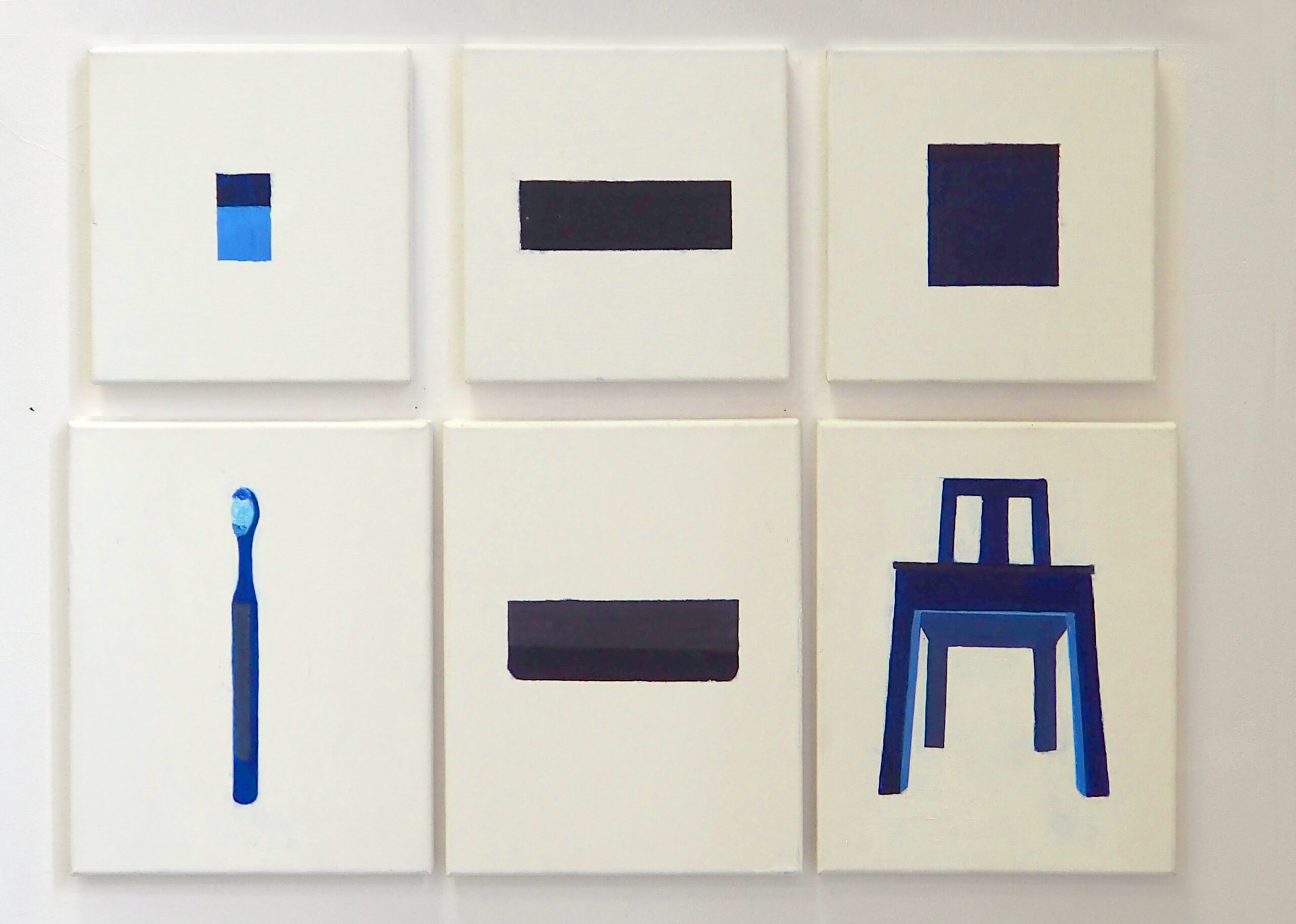  Obraz z sześciu elementów, przedstawia szczoteczkę do zębów, książkę i krzesło; wszystkie przedmioty namalowane w kolorze niebieskim.