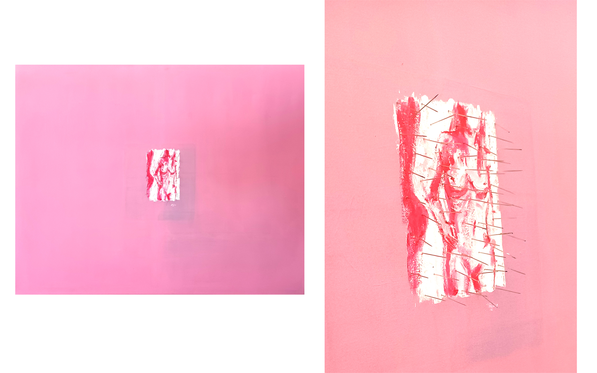 Różowa kompozycja z dwóch zdjęć. Widniejąca na niej mała postać sylwetki kobiecej z wbitymi szpilkami. 