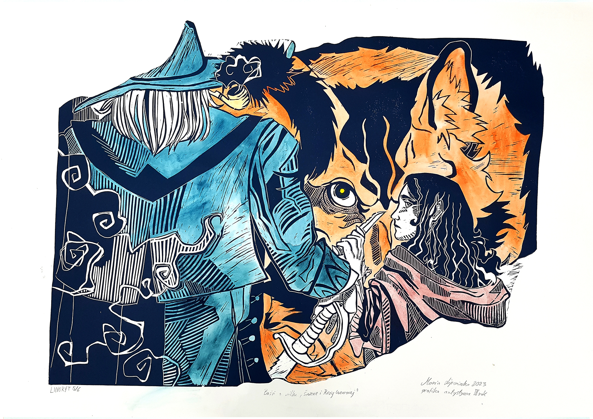 Fotografia przedstawia linoryt jednokolorowy, wypełniony akwarelami z dwiema postaciami ludzkimi i wilkiem.