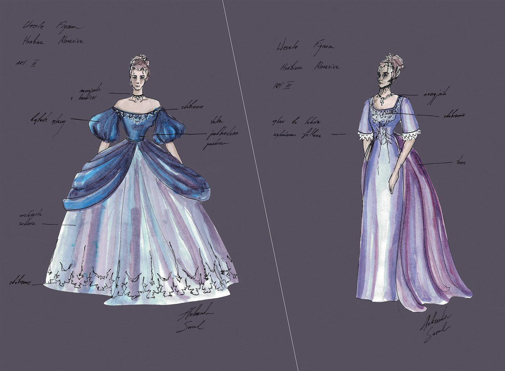 Rysunki dwóch kobiet w historycznych sukniach w odcieniach granatu i fioletu.