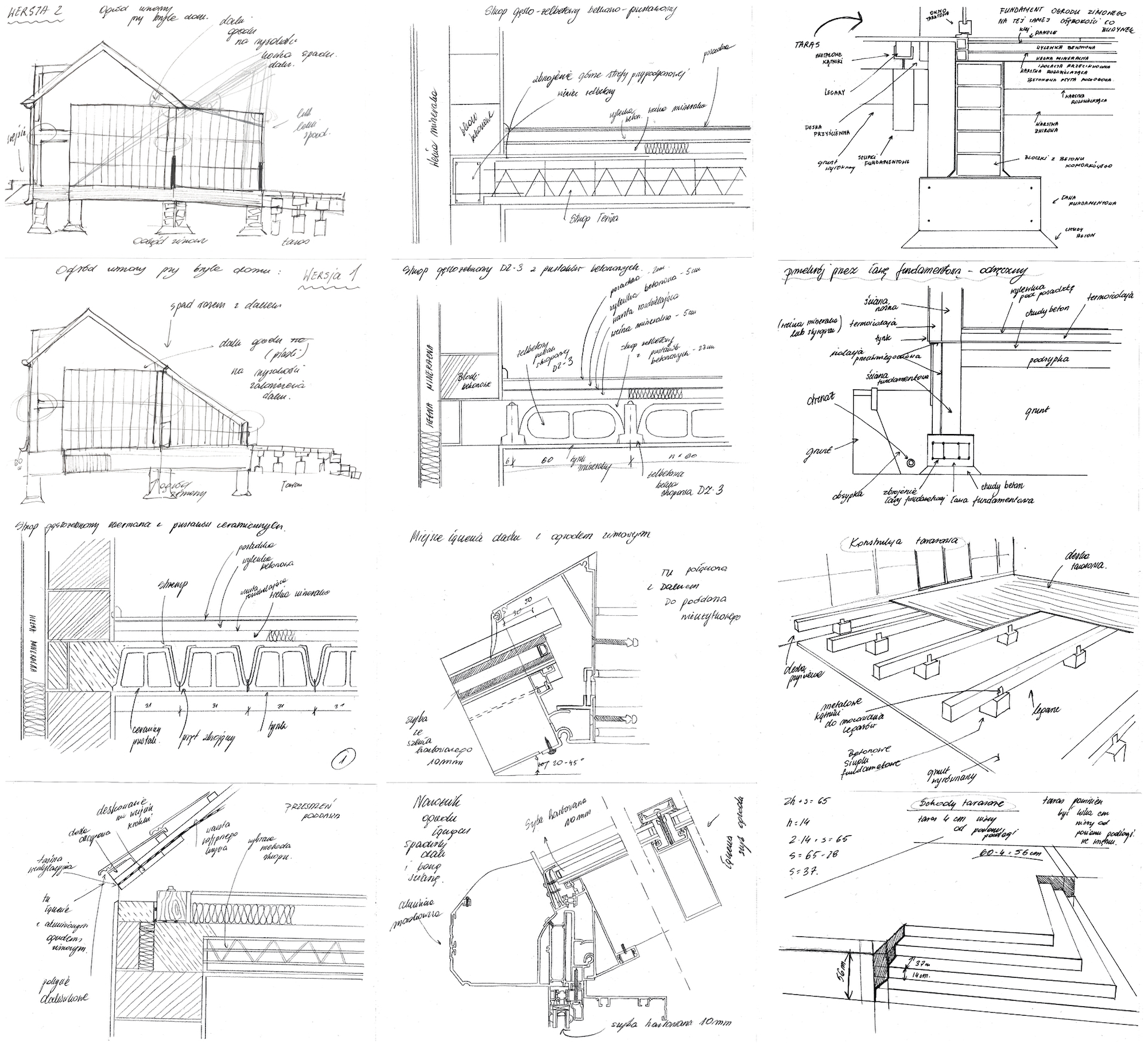 12. Plansza zawiera autorskie szkice komplementarne z dokumentacją techniczną, które obrazują strukturę ścian, stropu, dachu oraz posadowienie projektowanego budynku. 