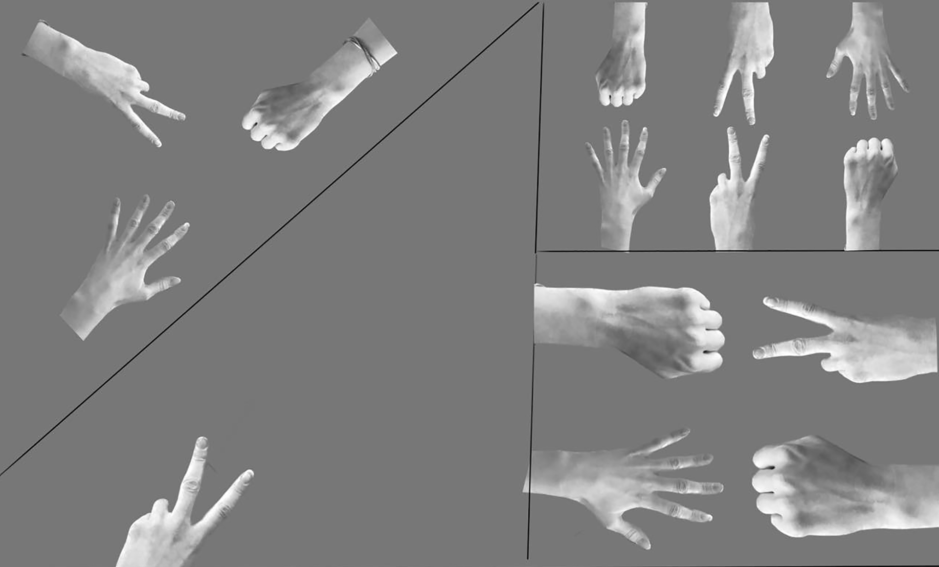 Rysunek cyfrowy o szarym tle, podzielony na dwie nierówne części. Po lewej podzielona na dwa trójkąty, z których górny- mniejszy znajdują się trzy wycięte zdjęcia dłoni. W dolnym-mniejszym tylko tylko jedna dłoń. Część po prawej jest dodatkowo podzielona na dwa prostokąty. W każdym tym polu dłonie w różnych układach skierowane są do siebie, symulując grę „papier-kamień-nożyce”.