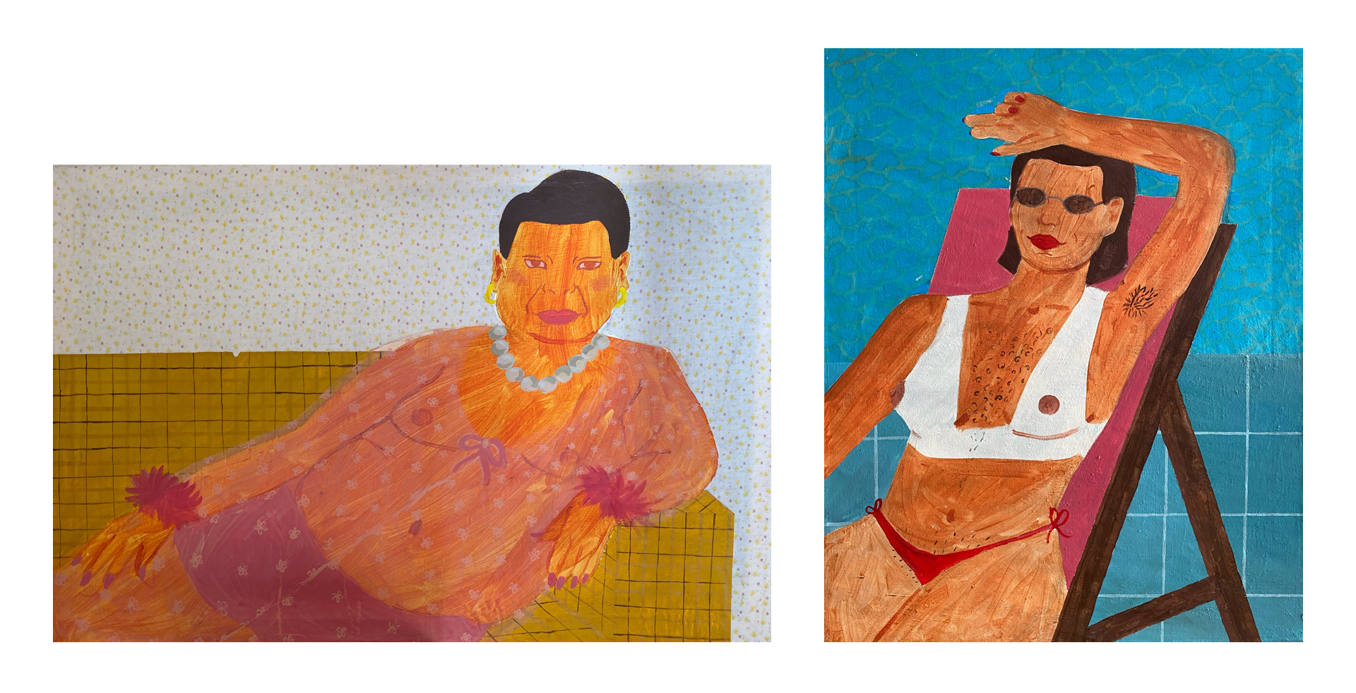 Dwie prace malarskie wykonane farbami akrylowymi. Płótna zrobione są z wzorzystych materiałów z drugiego obiegu. Przedstawiają postaci reprezentujące cechy, które nie są stereotypowo przypisane do ich płci.