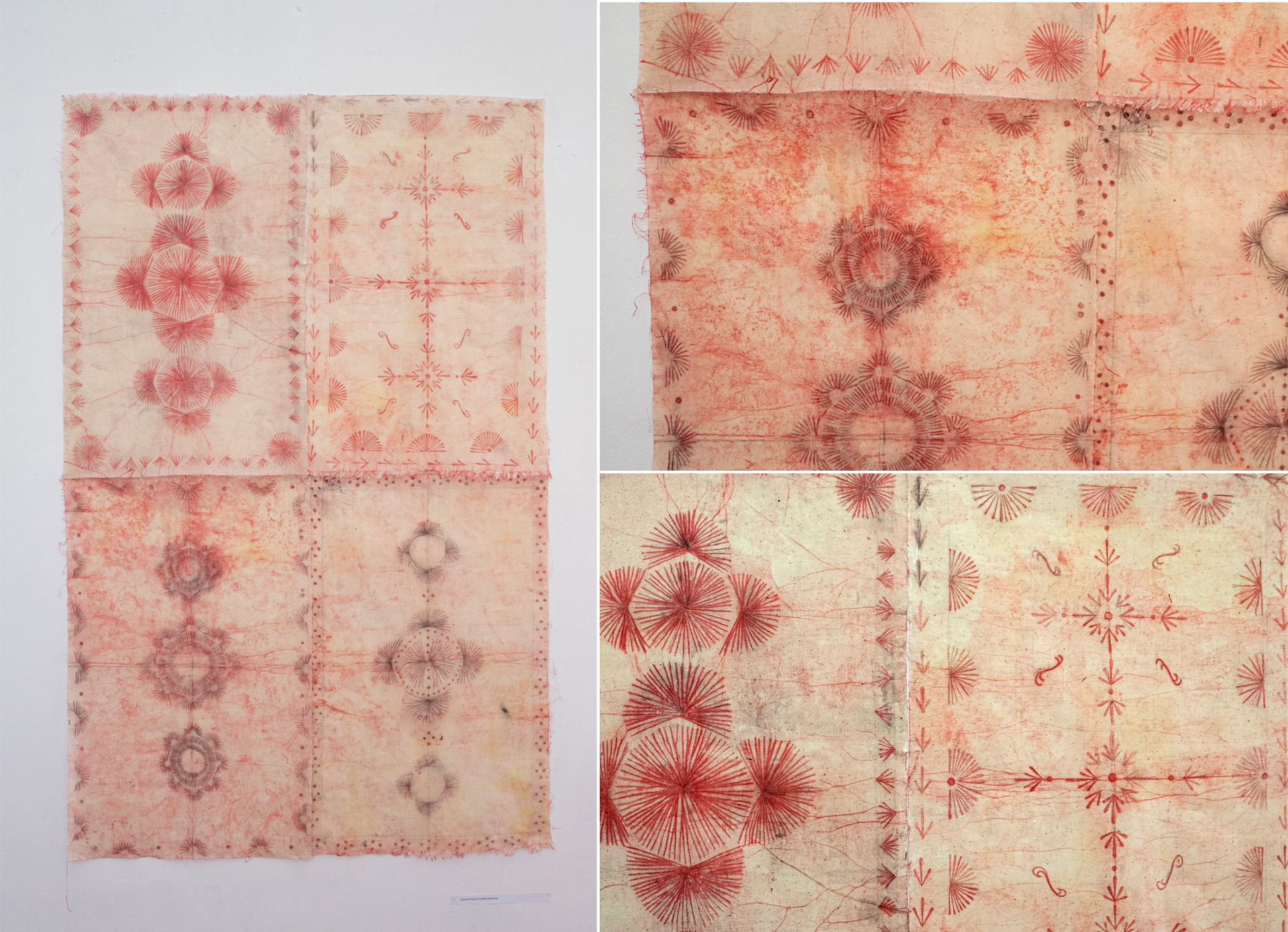 13.  Batik wydrapywany na tkaninie bawełnianej, rysunek inspirowany ukraińskimi wzorami ludowymi. Praca składa się z czterech modułów o wymiarach ok 50/70 cm