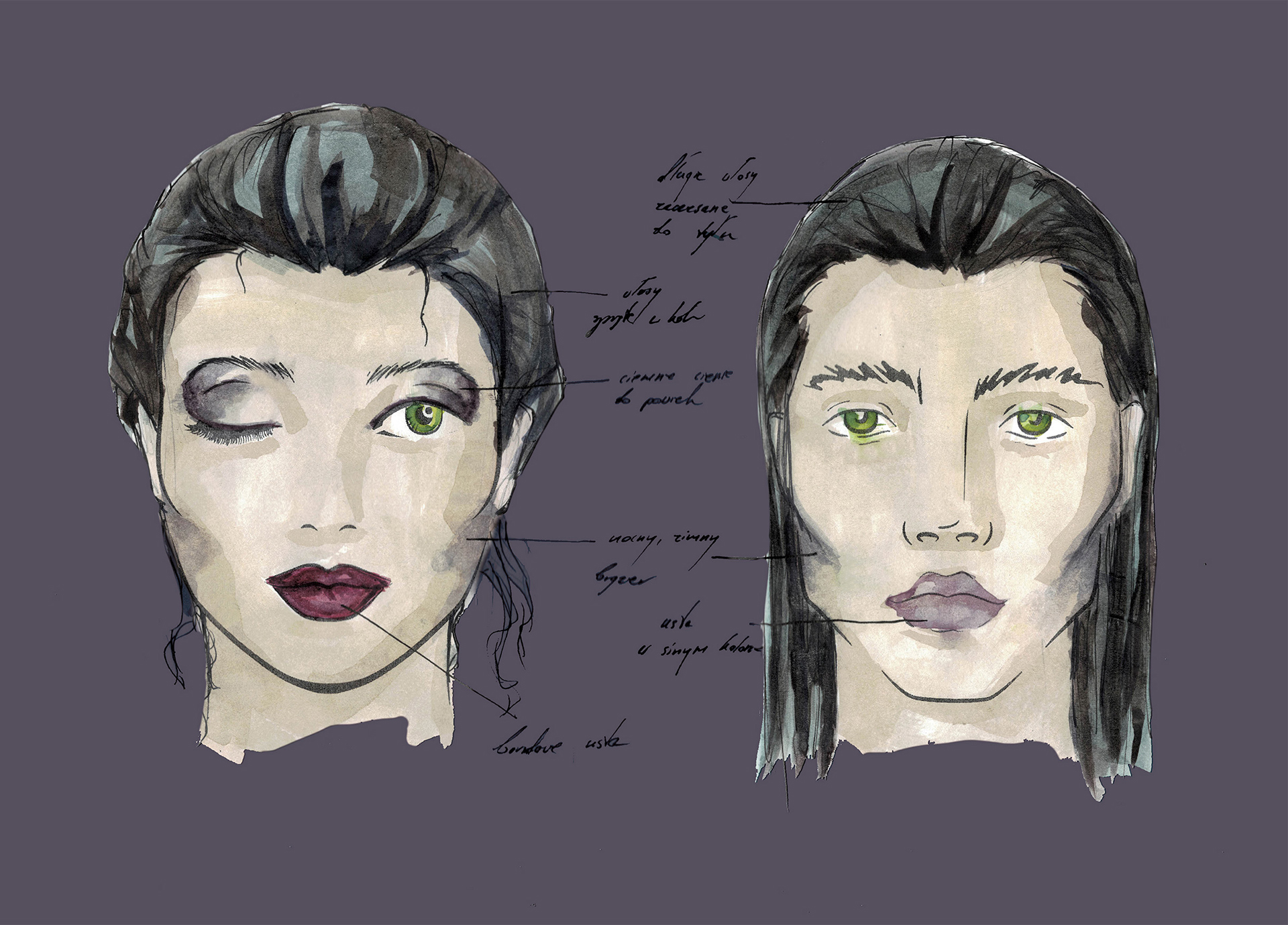 Rysunki twarzy kobiety i mężczyzny z ciemnymi makijażami. Obok ręczne opisy detali.