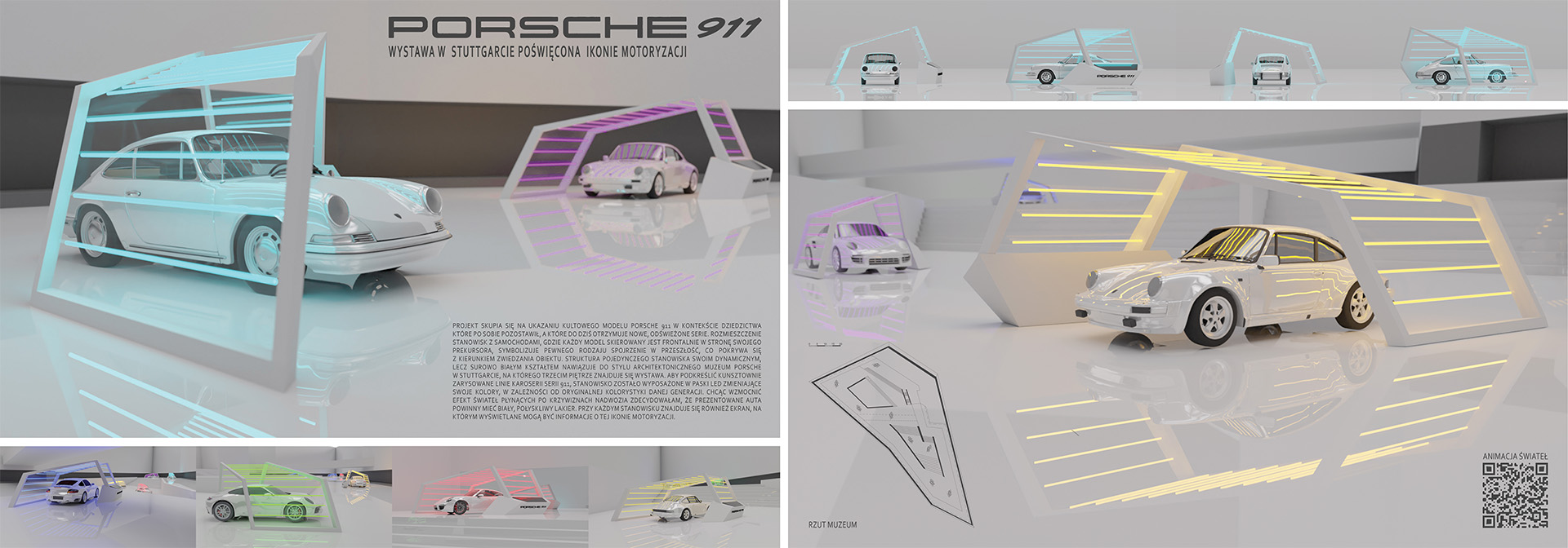 Projekt koncepcyjny wystawy prezentującej historię modelu 911 w siedzibie Porsche Museum w Stuttgarcie, zawierający komputerowe wizualizacje barwnych widoków perspektywicznych, ukazujących przestrzeń ekspozycji z punktu widzenia osoby zwiedzającej oraz rzut.
