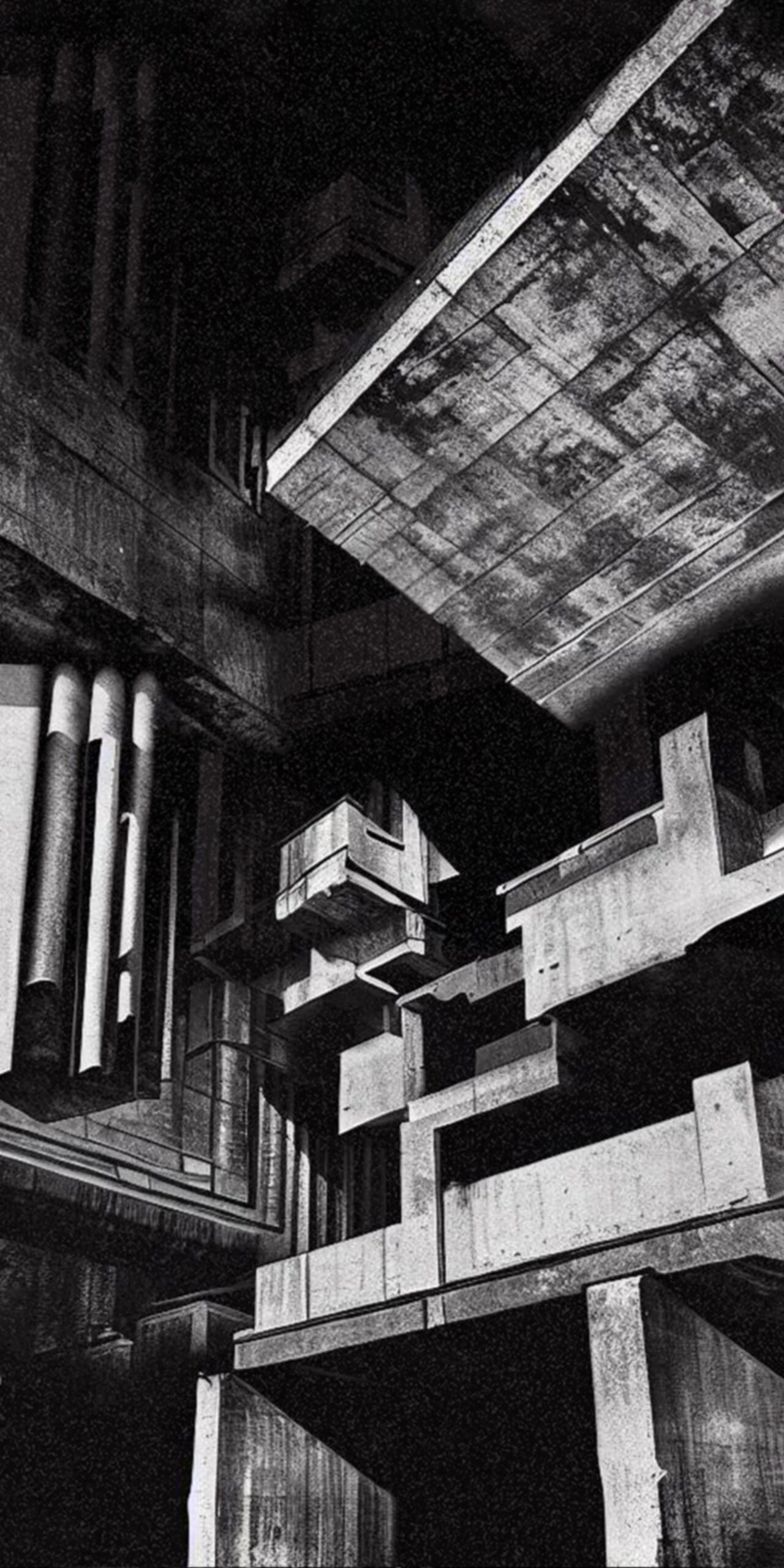 Zdjęcie przedstawiające czarno-białą kompozycję architektoniczną wykonaną w technice druku cyfrowego