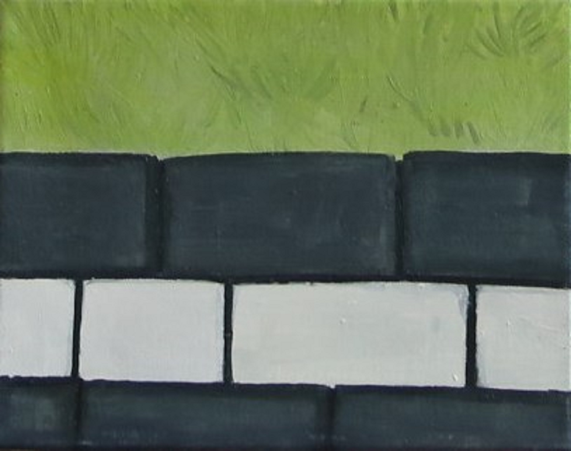 Obraz jest odpowiedzią na problem kontrastu. Przedstawia czarno-białe cegły oraz fragment zielonego trawnika.