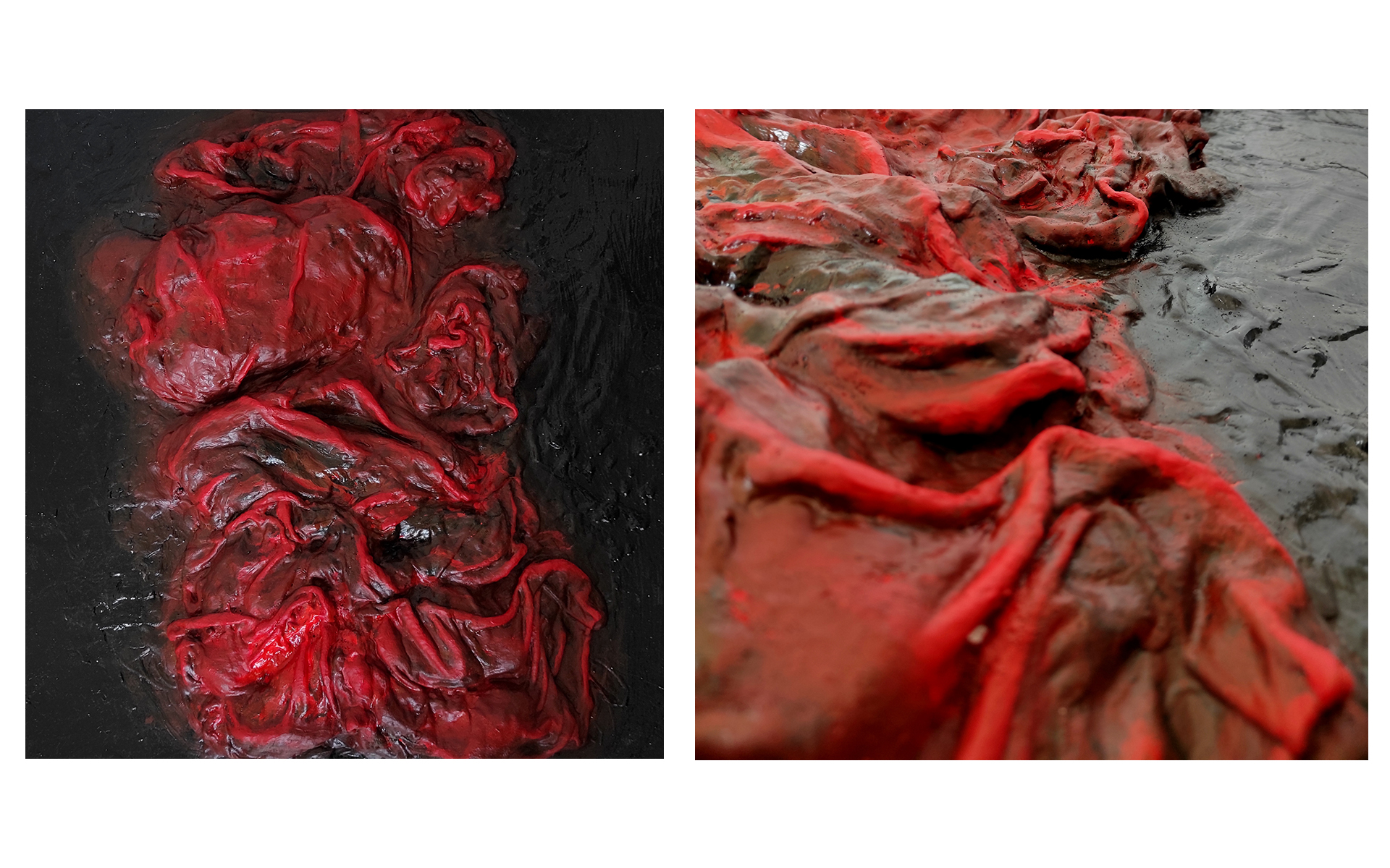 Grafika zawiera dwa zdjęcia w kolorystyce czerwono - czarnej. Widać fakturę oraz różne warstwy. 