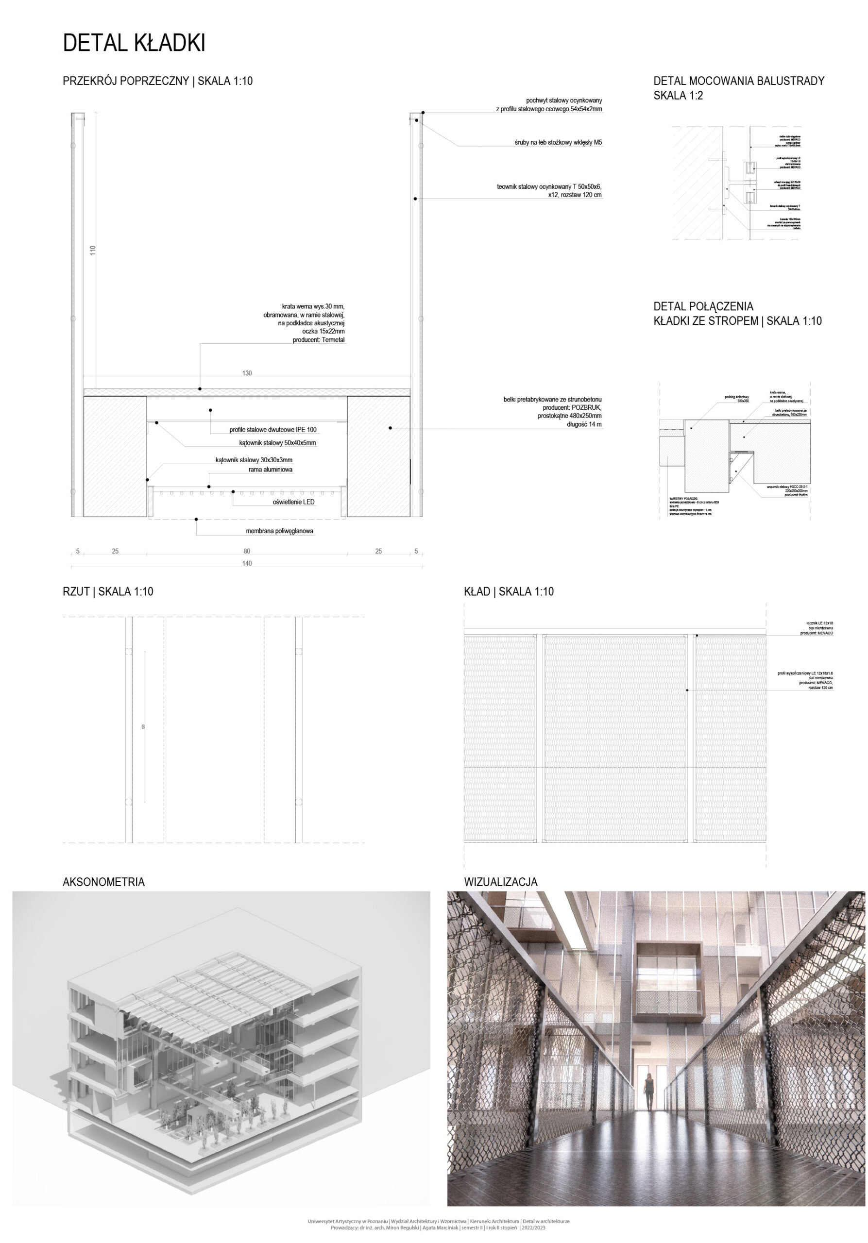 Dolna lewa część: wizualizacja aksonometryczna - przekrój budynku w miejscu patio.Dolna prawa część: wizualizacja projektowanego detalu w przestrzeni patio.Górna część:rysunki techniczne, schematy, opisy wyrobów budowlanych oraz rozwiązań technicznych.