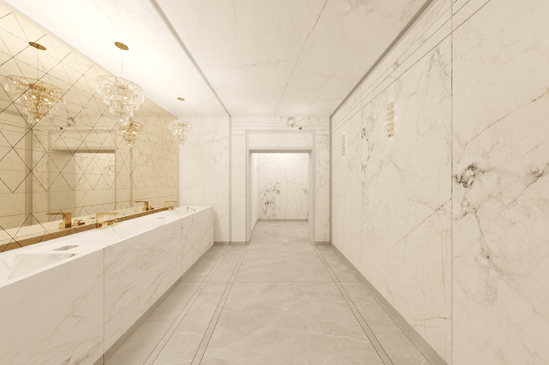 14 Konkurs Tubądzin Design Awards "Toalety Opery Narodowej w Warszawie" - wizualizacja pokazująca  korytarz prowadzący do strefy toalet. Po lewej stronie strefa umywalek, po prawej stronie ściana z dekoracyjnym podziałem płytki.