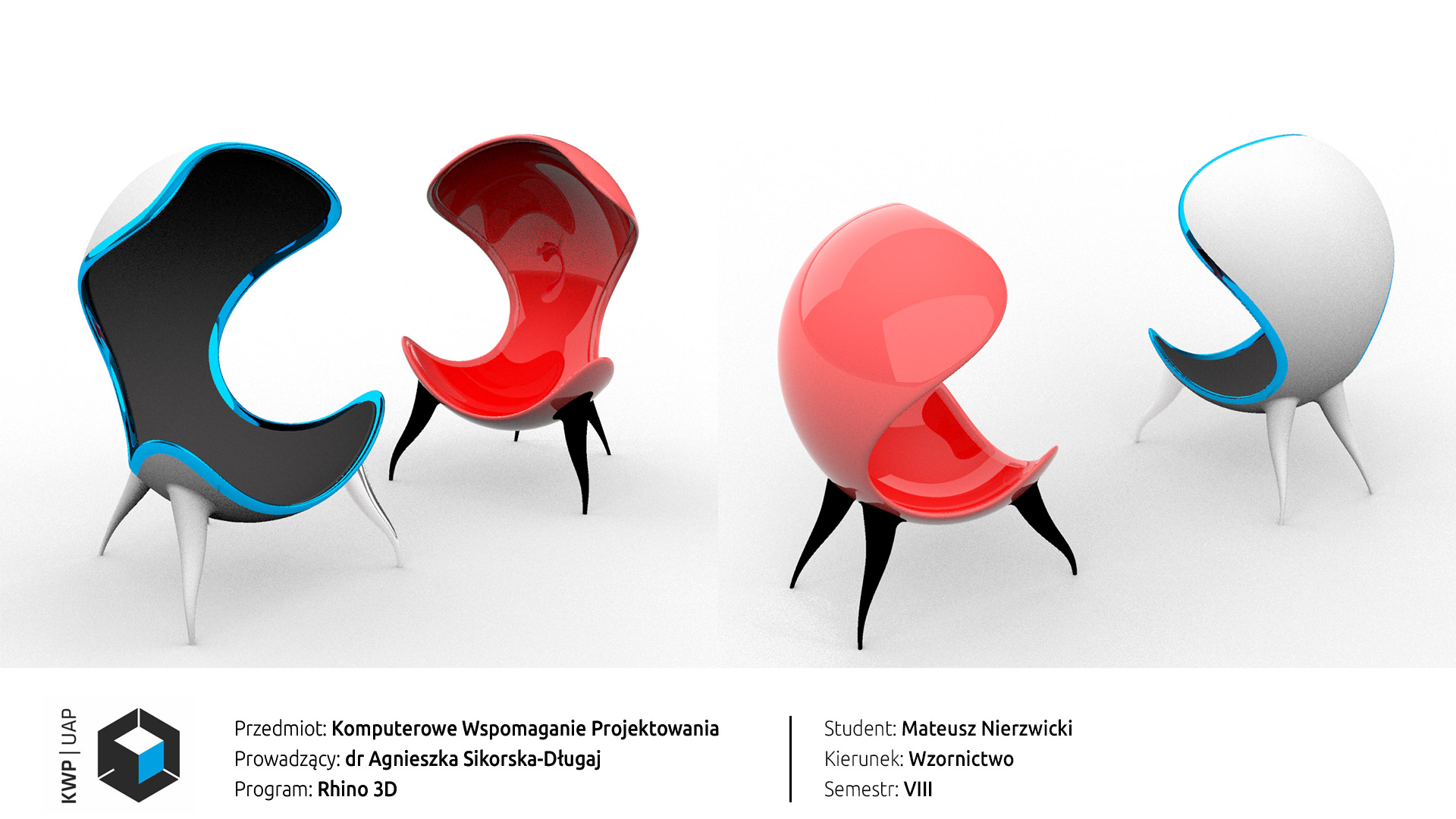 Rendery z programu Rhino 3D. Model fotela Egg chair w dwóch wersjach kolorystycznych: niebiesko-czarno-białej i czerwonej-czarnej. Tło białe.