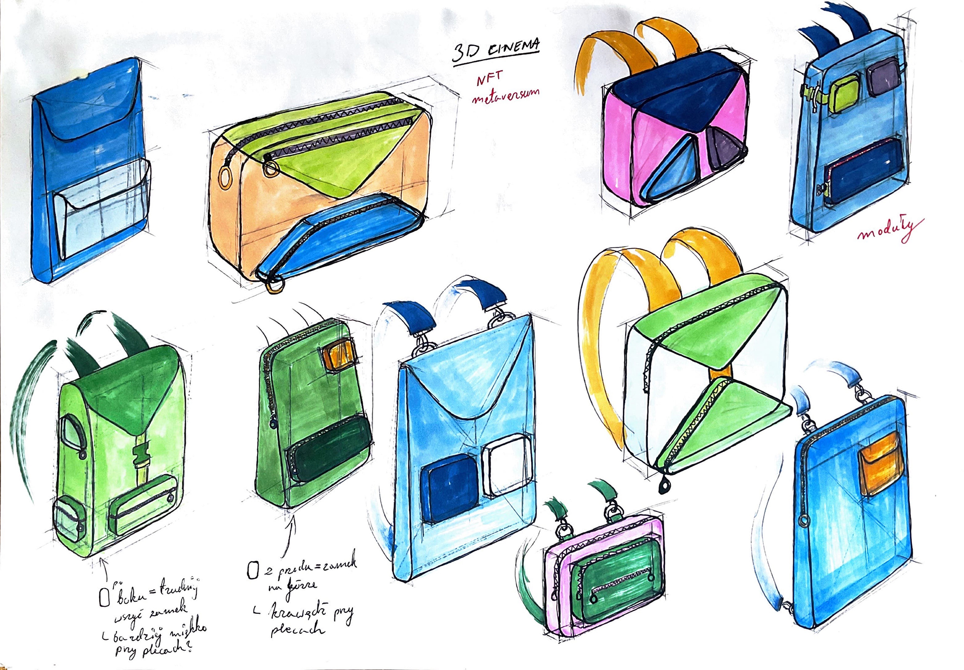 Zestaw kolorowych rysunków przedstawiających torby i plecaki.