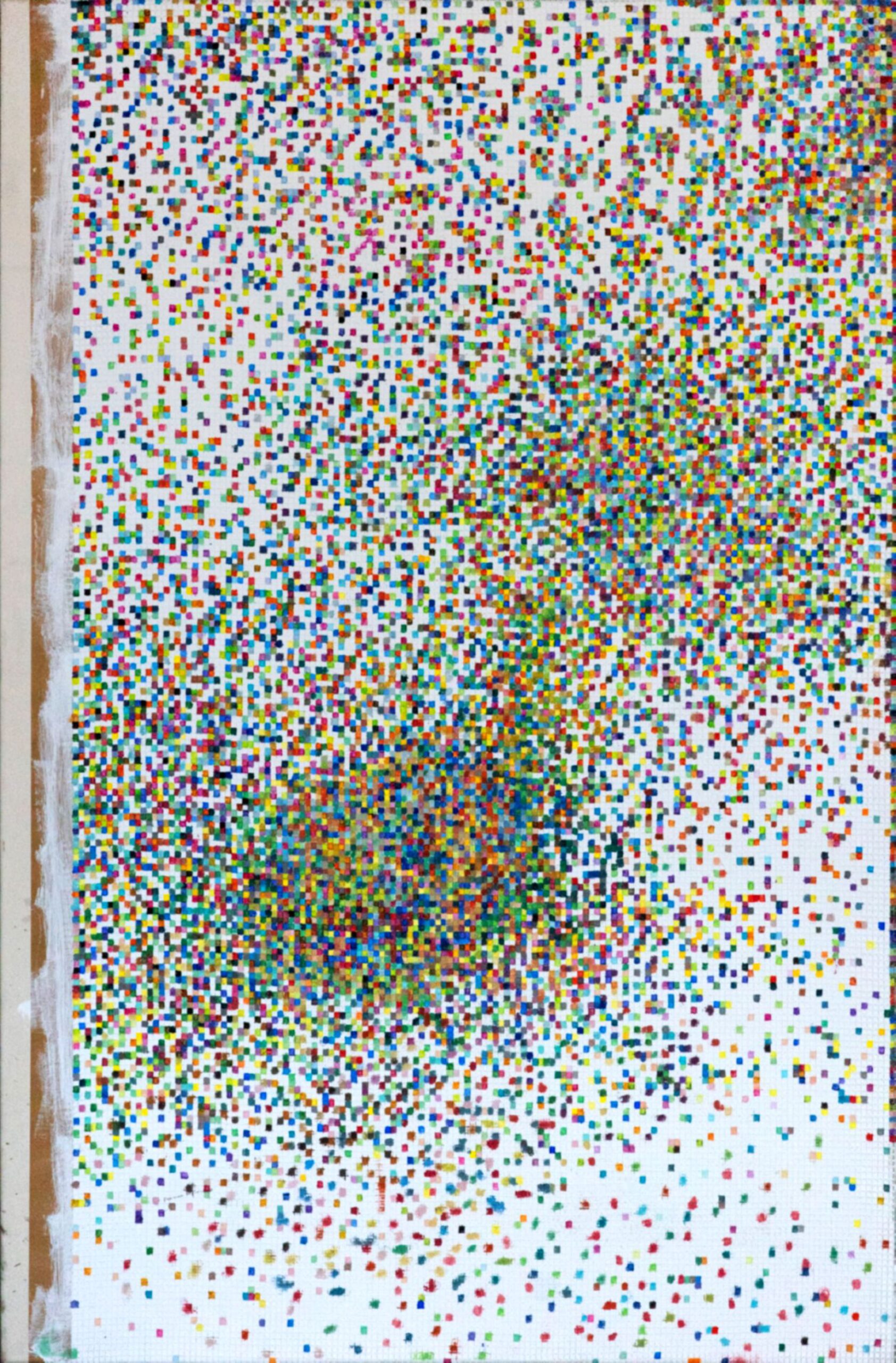 Obraz abstrakcyjny zbudowany z kilkuset kolorowych kwadratów.