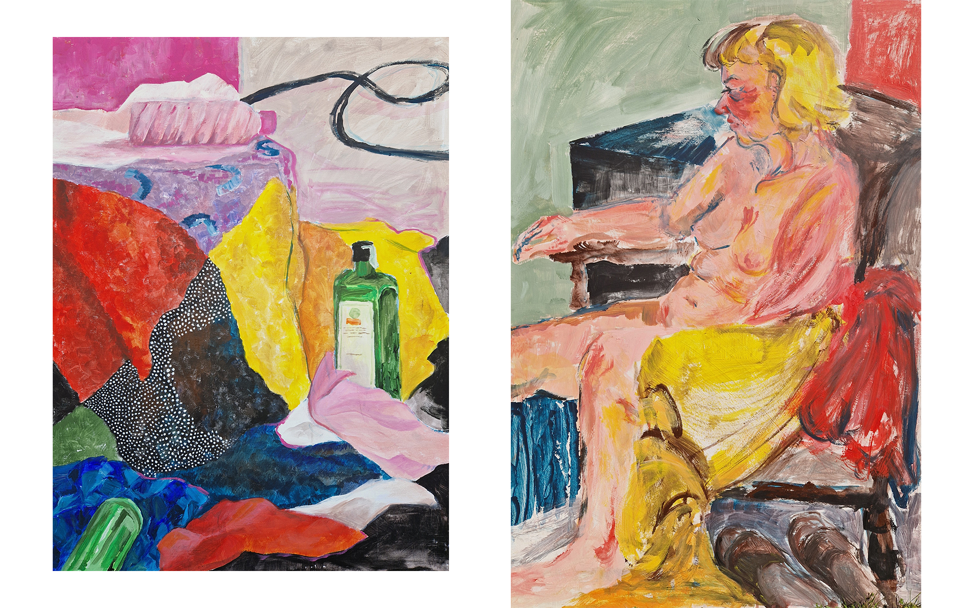 Grafika zawiera dwa obrazy ukazujące: po lewej martwą naturę z różnymi materiałami oraz 3 różne butelki, po prawej postać kobiety w fotelu w otoczeniu żółtego materiału. 