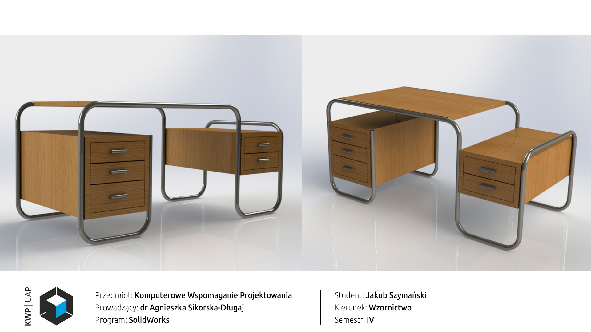 Rendery z programu SolidWorks. Model biurka firmy Thonet z metalowych rurek i drewnianego blatu oraz dwóch korpusów z szufladami. Tło biało-szary gradient.