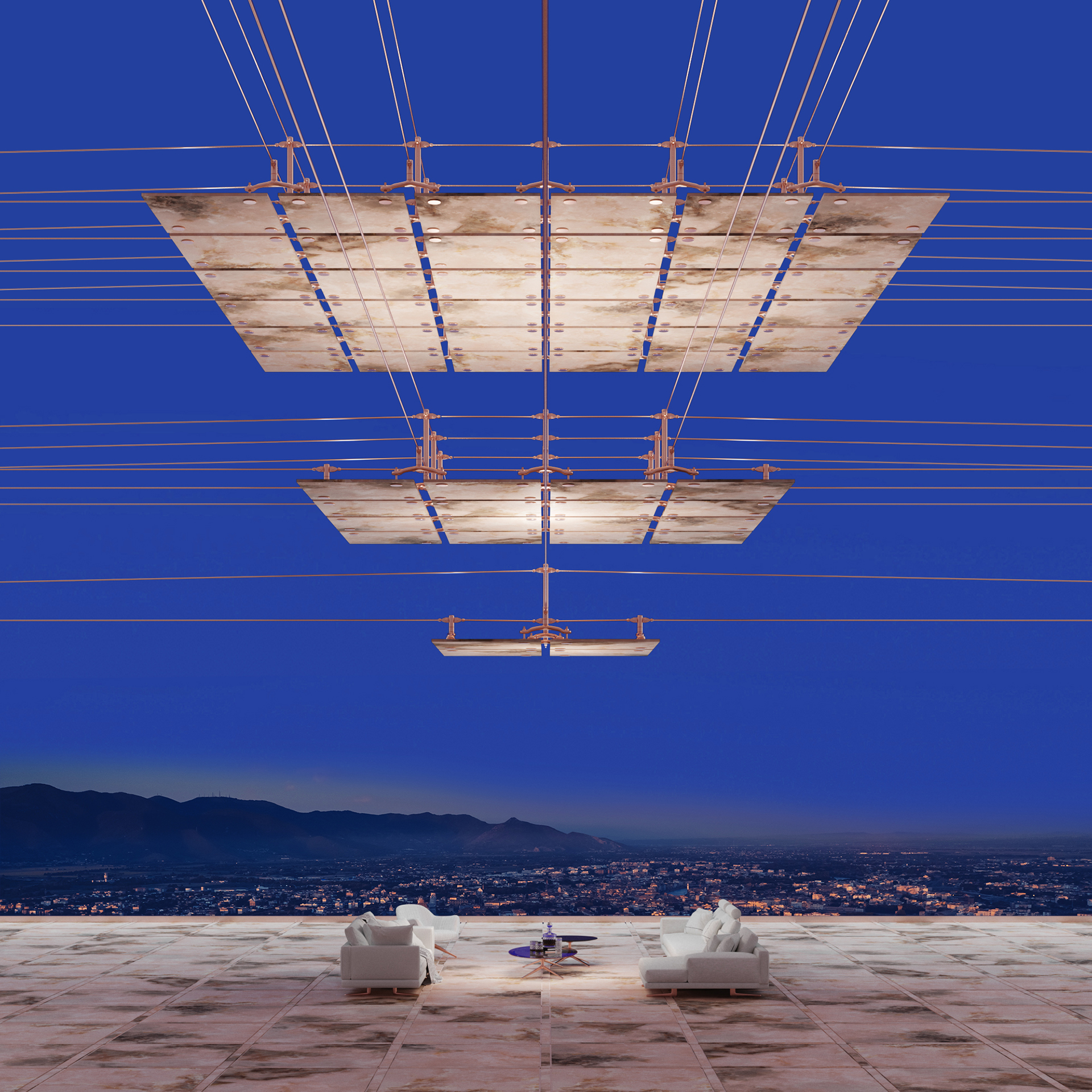 15 Konkurs Tubądzin Design Awards, kategoria Unlimited Architecture - wizualizacja pokazująca szeroki kadr instalacji z wykorzystaniem płytek Tubądzin, podwieszonej na tarasie nad meblami wypoczynkowymi. Zmierzch, w tle granatowe niebo i nocna panorama miasta.