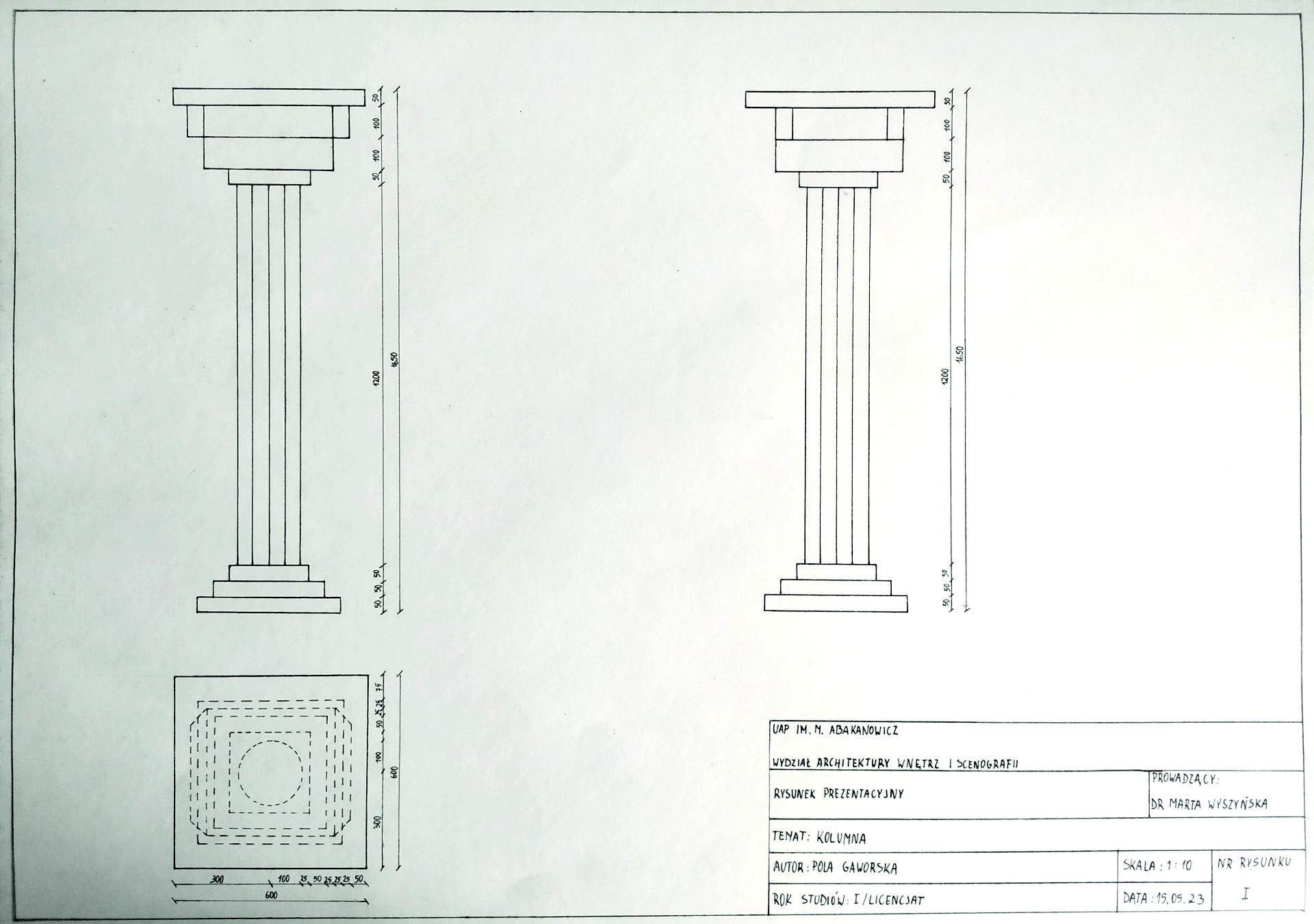 Rysunek techniczny uproszczonej formy kolumny. Widok z przodu, widok z boku oraz widok z góry.