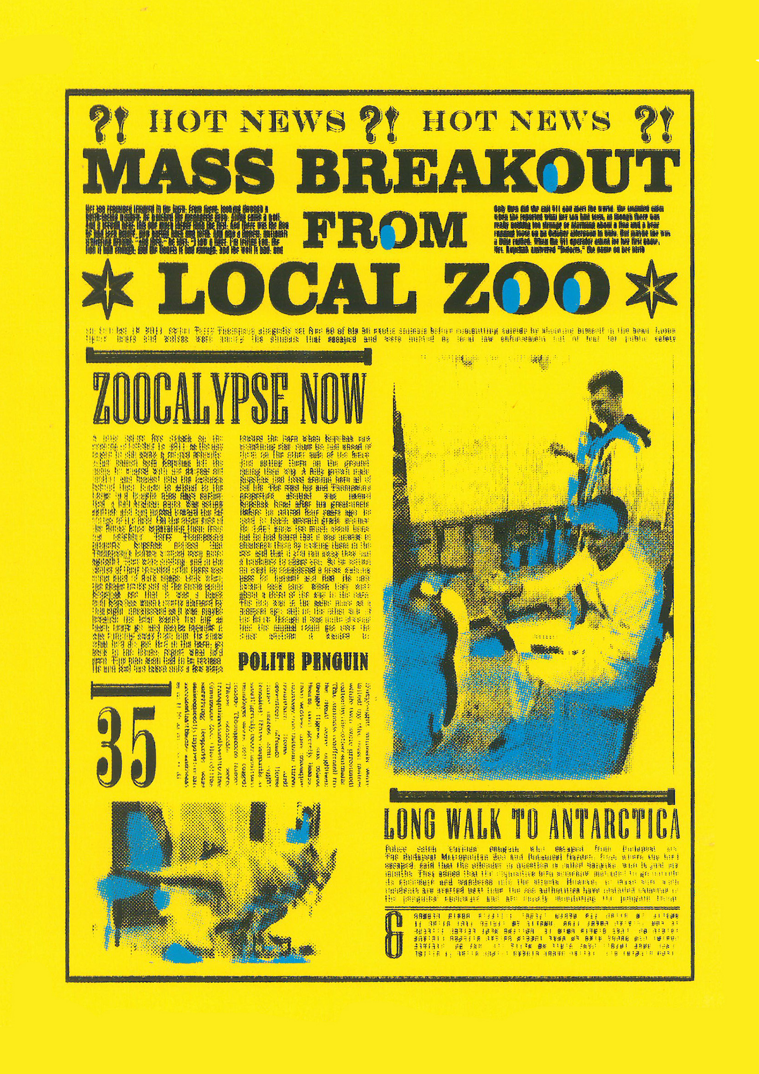 Grafika przedstawia stronę z gazety z tekstem oraz z dwoma fotografiami, na żółtym tle