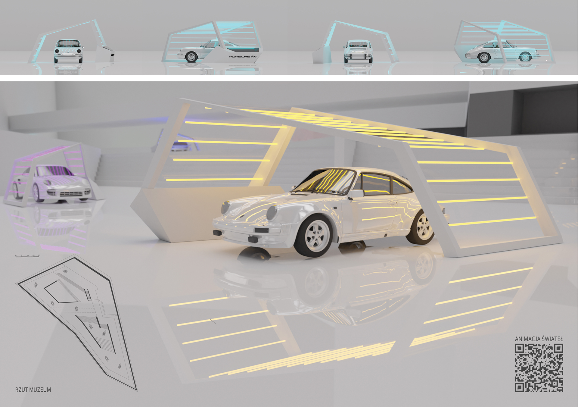 Projekt koncepcyjny wystawy prezentującej historię modelu 911 w siedzibie Porsche Museum w Stuttgarcie – komputerowa wizualizacje barwnych widoków perspektywicznych, ukazujących przestrzeń ekspozycji z punktu widzenia osoby zwiedzającej oraz rzut i kod QR odsyłający do animacji.