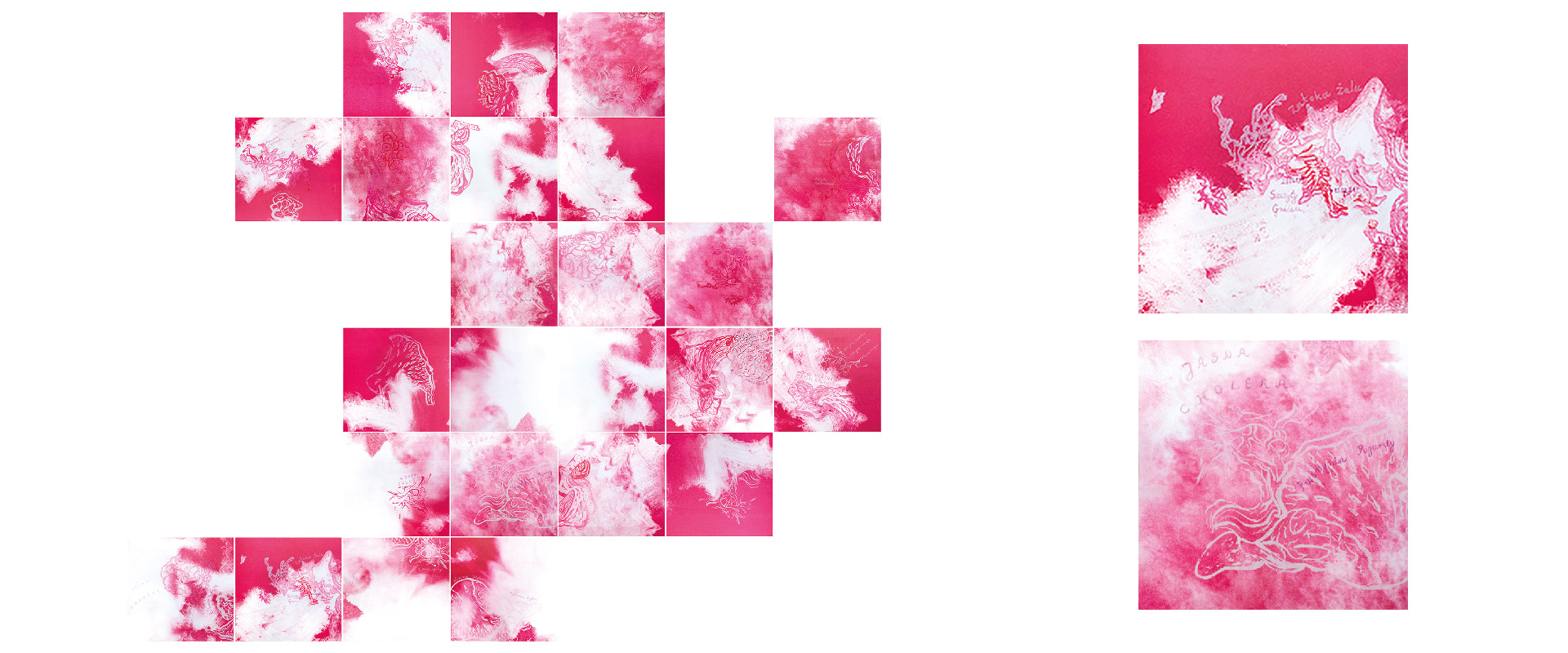Obraz przedstawia układ kwadratów  z nadrukiem fragmentów tkanek w kolorze różowym. Dwa obrazy sąsiednie to powiększone elementy układu z widocznymi odręcznymi napisami.