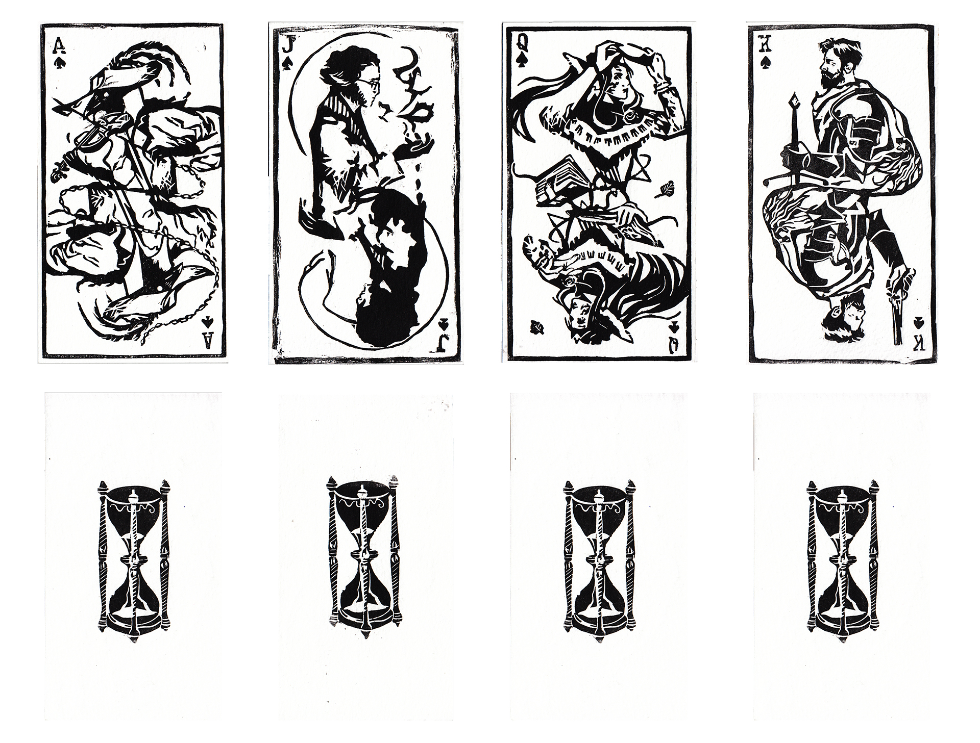 Zdjęcie przedstawiające cztery czarno-białe karty do gry (awers i rewers) wykonane w technice linorytu