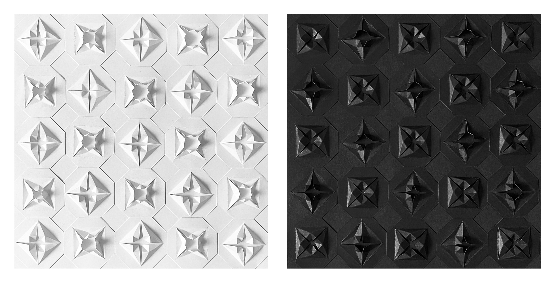 Dyptyk na białym tle. Po lewej biała reliefowa geometryczna kompozycja z zaginanego papieru. Po prawej czarna reliefowa geometryczna 	kompozycja z zaginanego papieru.