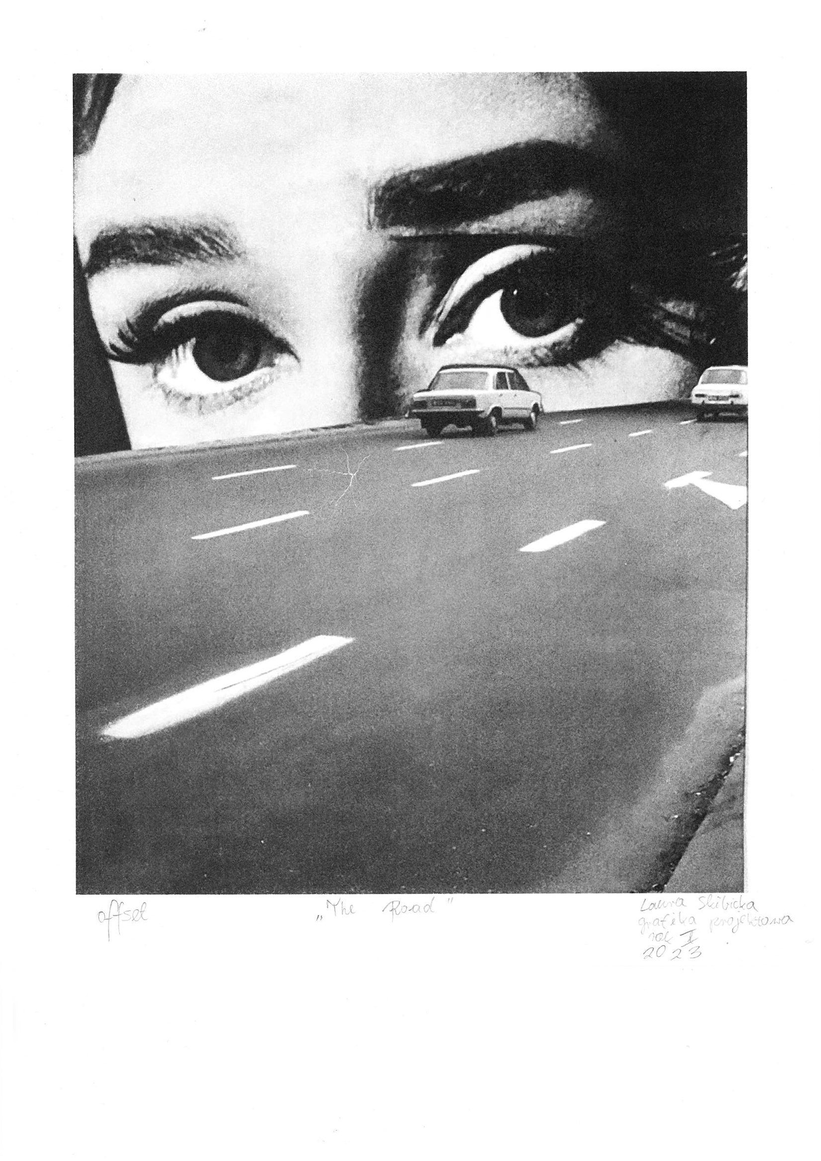 Grafika przedstawia kolaż na którym znajduje się droga z dwoma jadącymi autami a w tle wyłania się sylwetka kobiety patrzącej w przestrzeń