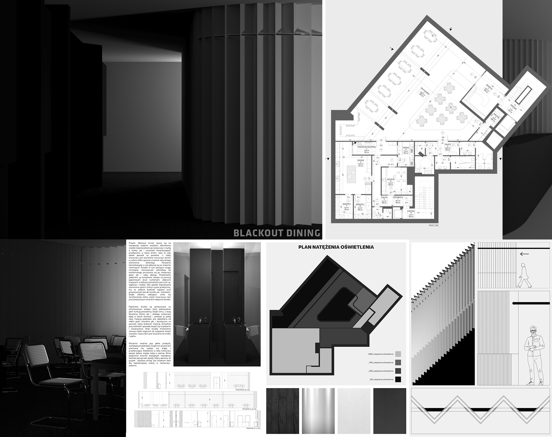 Obraz zawierający rysunki techniczne, schematy rysunkowe wyjaśnieniające decyzje projektowe, zastosowane materiały oraz wizualizacje projektowanych wnętrz restauracji. Wnętrze zaprojektowane w bieli i czerni. 