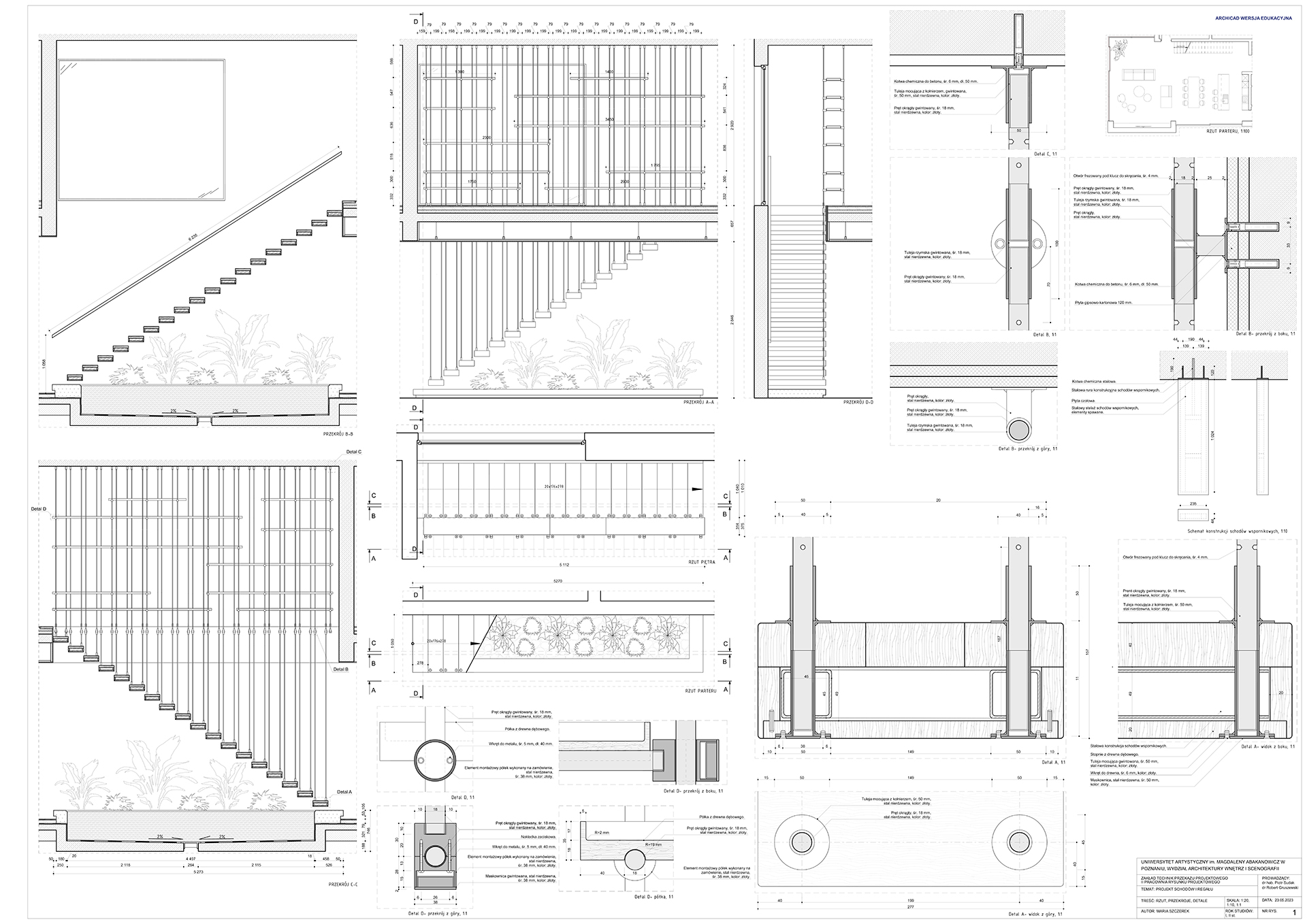 Projekt techniczny schodów i regału opracowany zgodnie z zasadami rysunku projektowego zawierający informacje niezbędne do jego wykonania.
