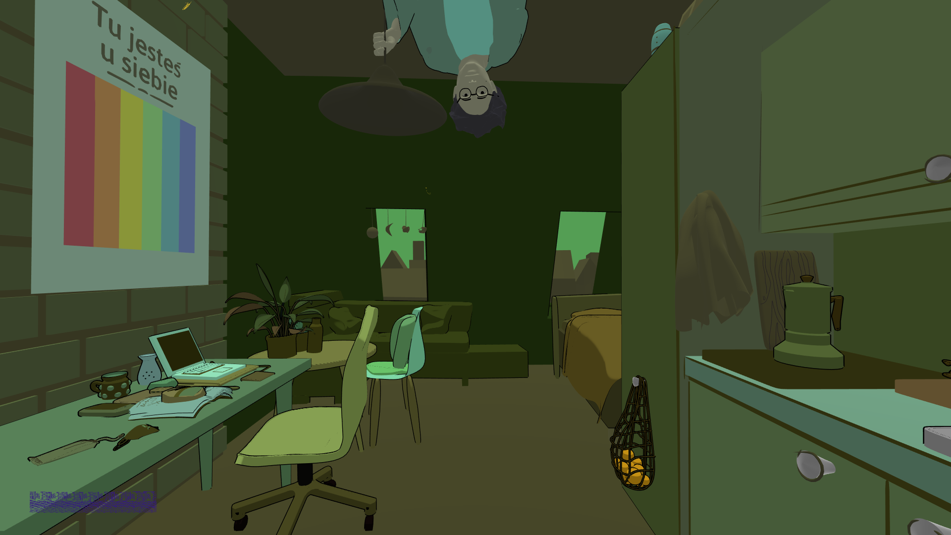 W pracy VR widać wnętrze kawalerki o zielonym zabarwieniu. Na prawo znajduje się kuchnia ze zlewem, po lewej stół z komputerem do pracy, w głębi sofa narożnikowa i dalej w rogu łóżko. Przez okno dachowe widać panoramę miasta