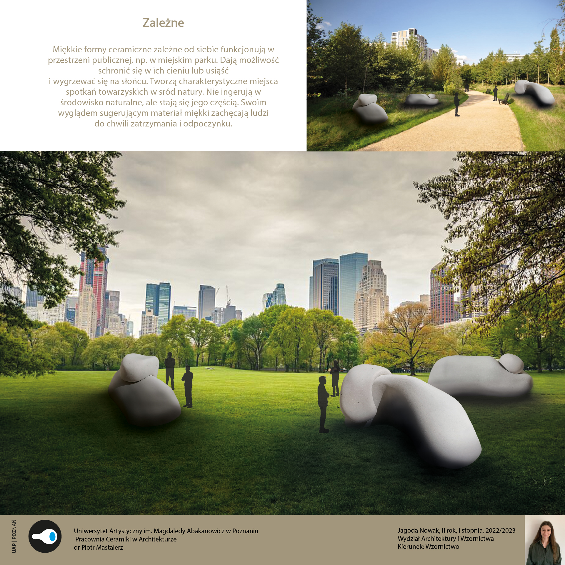 Opis alternatywny: Plansza przedstawia trzy obiekty ceramiczne na tle miejskiego parku.