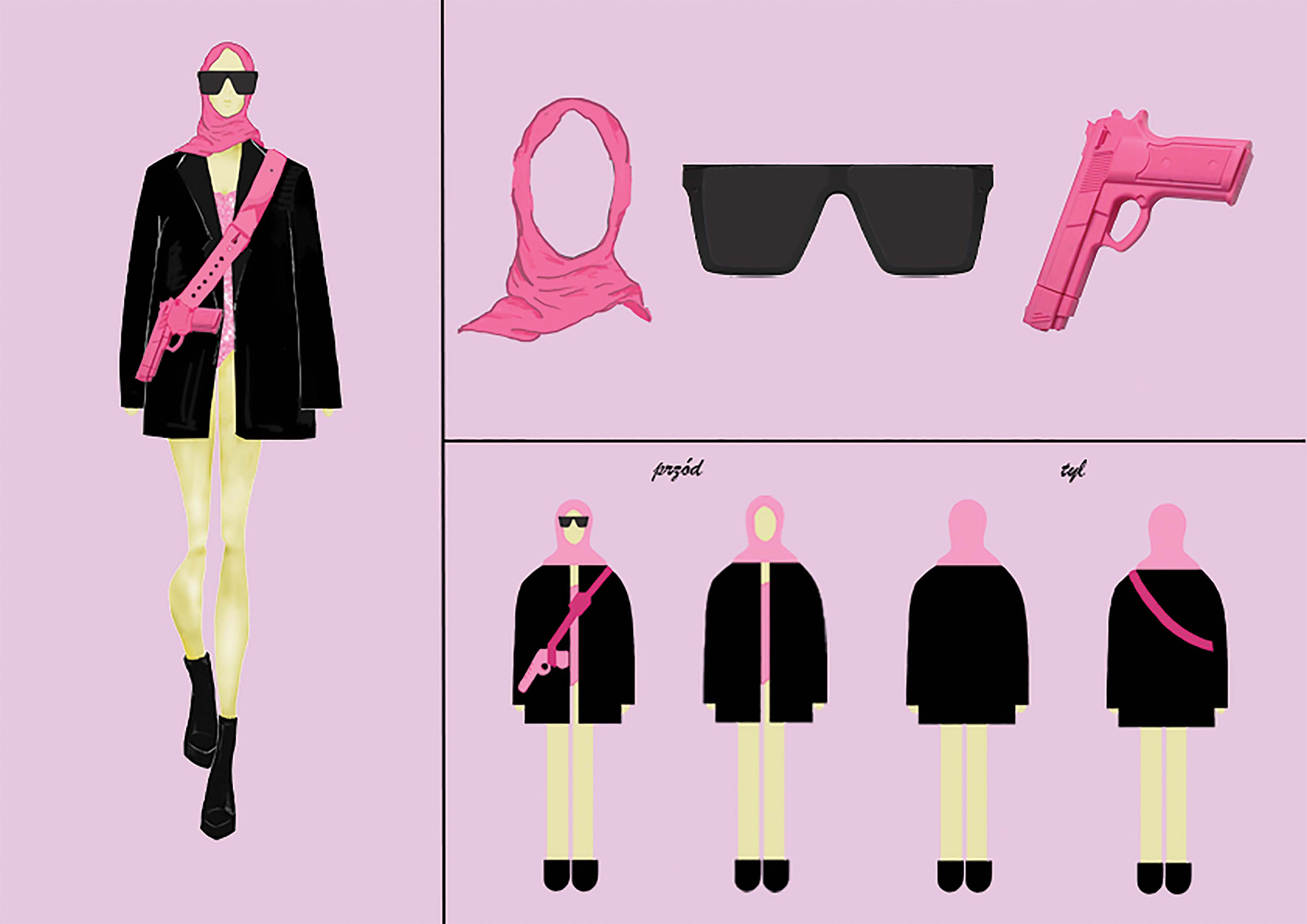 Rysunki na różowym tle przedstawiające projekt postaci w czarnych okularar z pistoletem i chustą na głowie