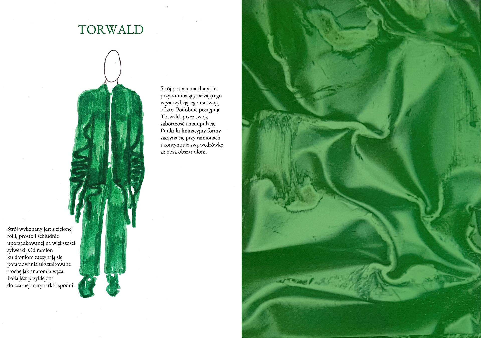 Po lewej rysunek mężczyzny w zielonym garniturze i butach, bez koszuli. Po prawej zdjęcie zielonej błyszczącej tkaniny.