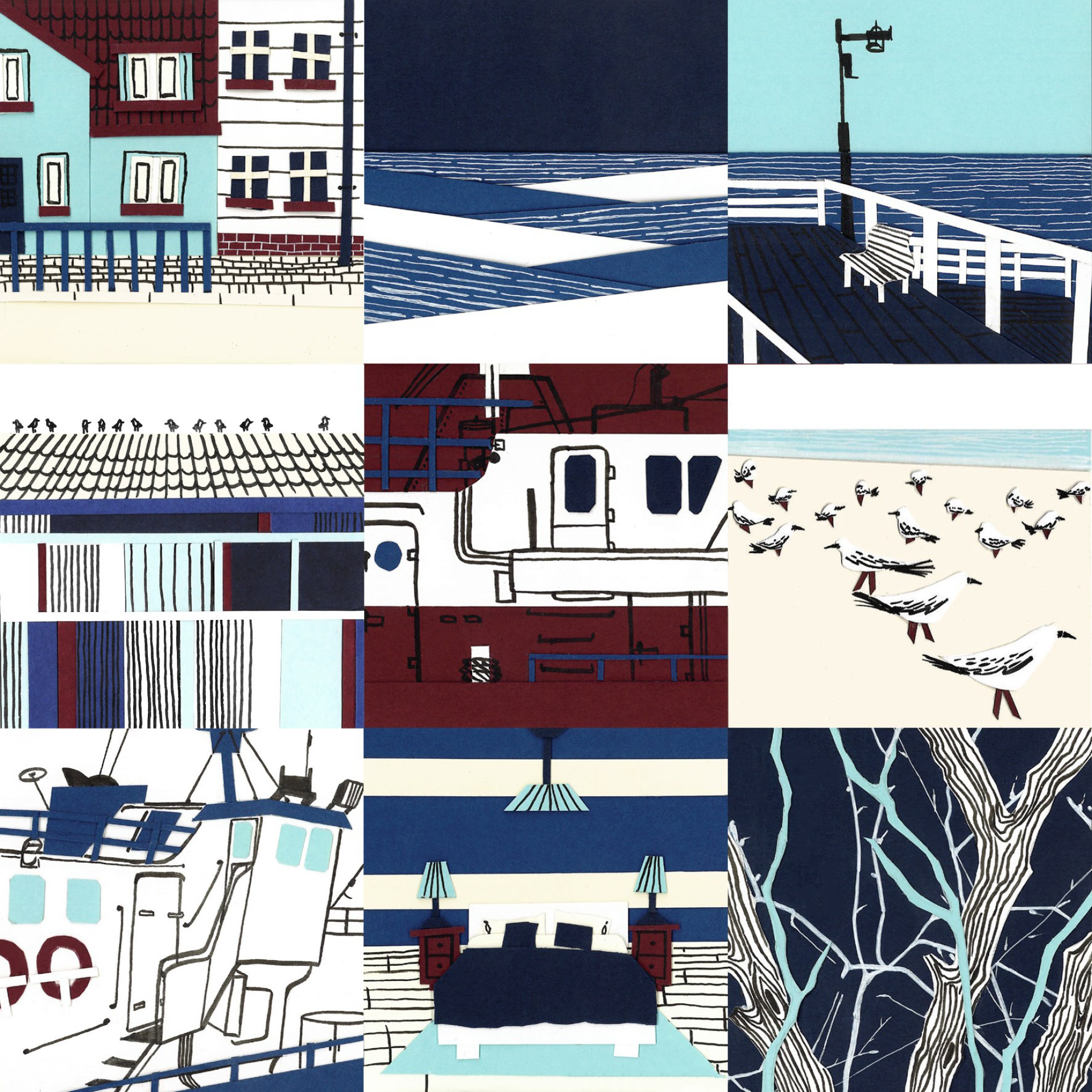 Zestaw dziewięciu grafik w kwadracie. Kolorowe kolaże przedstawiające widoki miasta, morza, mew na plaży, korony drzew bez liści, pustego łóżka w sypialni, statku, ptaków na dachu.