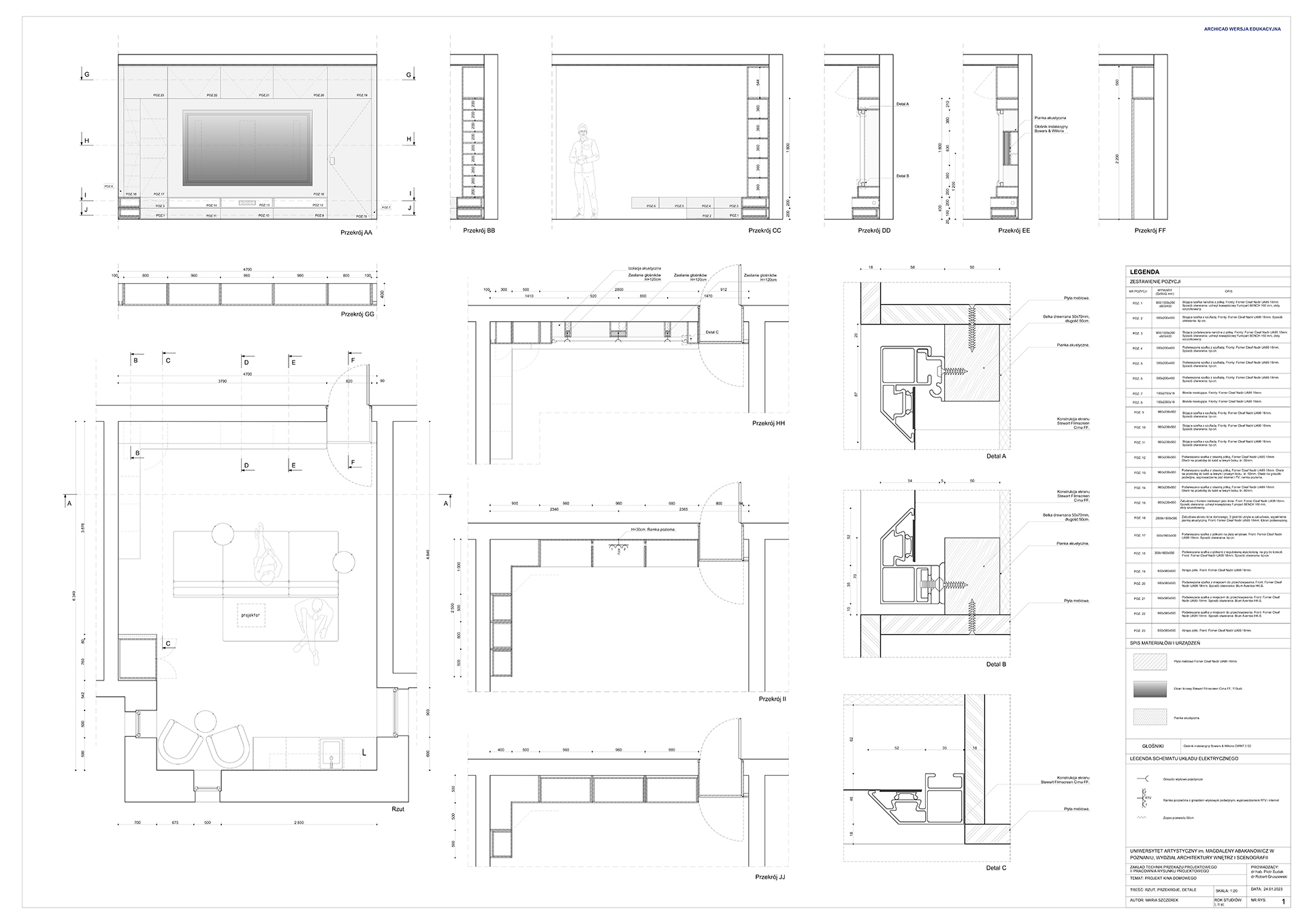 Projekt techniczny zabudowy meblowej kina domowego opracowany zgodnie z zasadami rysunku projektowego zawierający informacje niezbędne do jego wykonania.
