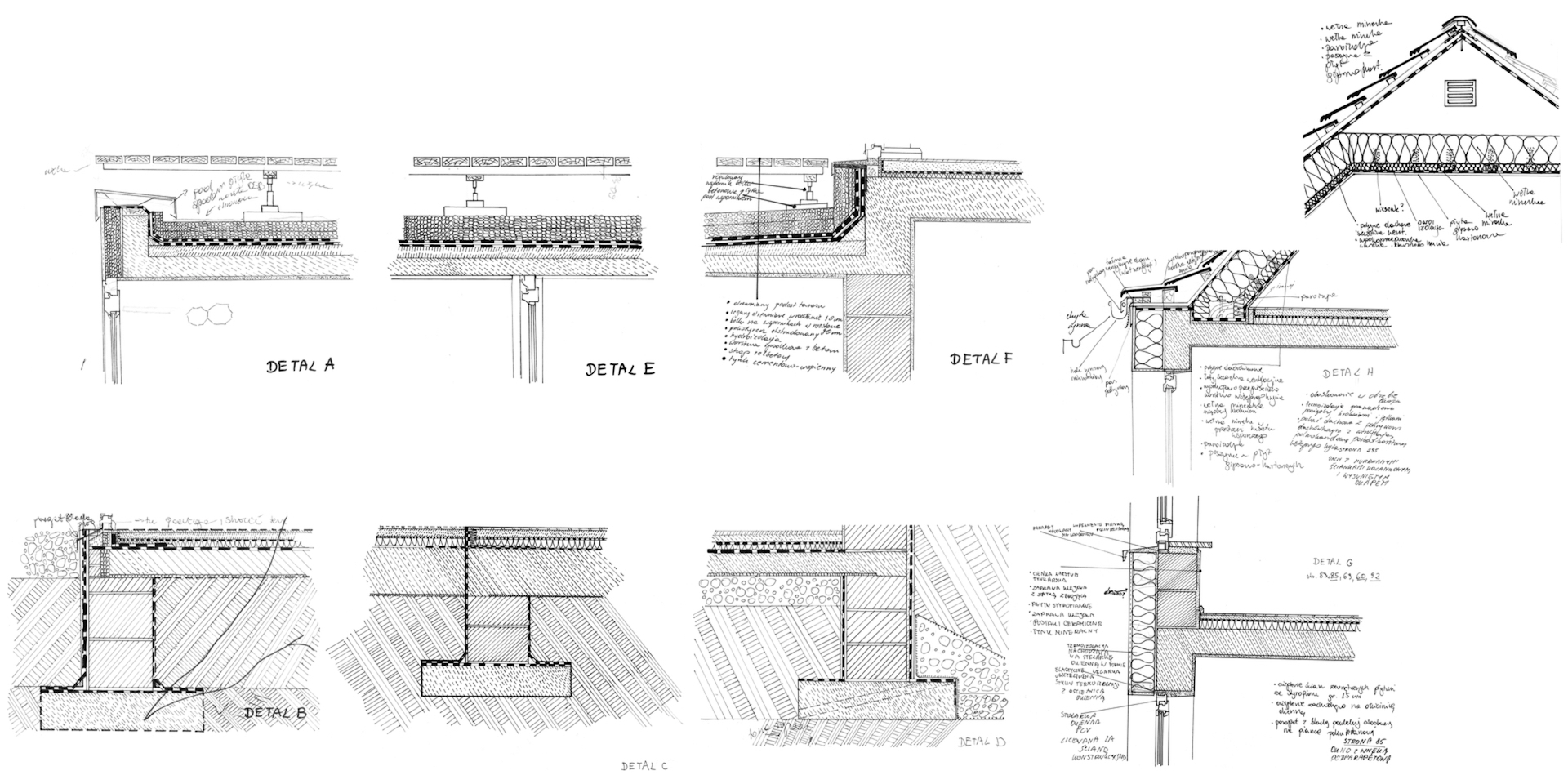 17. Plansza zawiera autorskie szkice komplementarne z dokumentacją techniczną, które obrazują strukturę ścian, stropu, dachu oraz posadowienie projektowanego budynku. 
