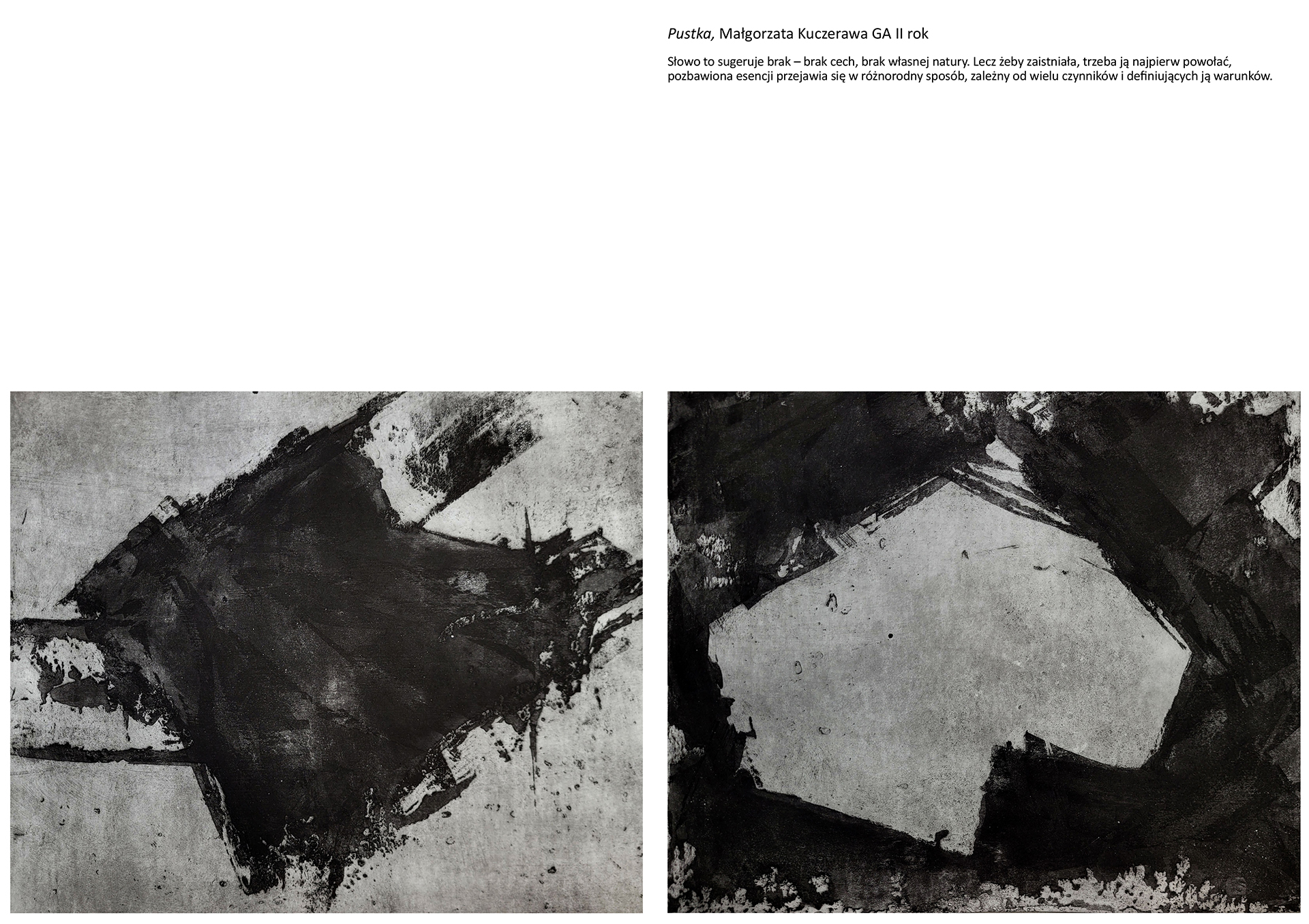 Tytuł: Pustka. Autorka: Małgorzata Kuczerawa. Dwie grafiki w skalach szarości. Na obu abstrakcyjny, nieregularny kształt. Na lewej czarny kształt na jasnoszarym tle, na prawej jasnoszary kształt na ciemnoszarym tle. 
