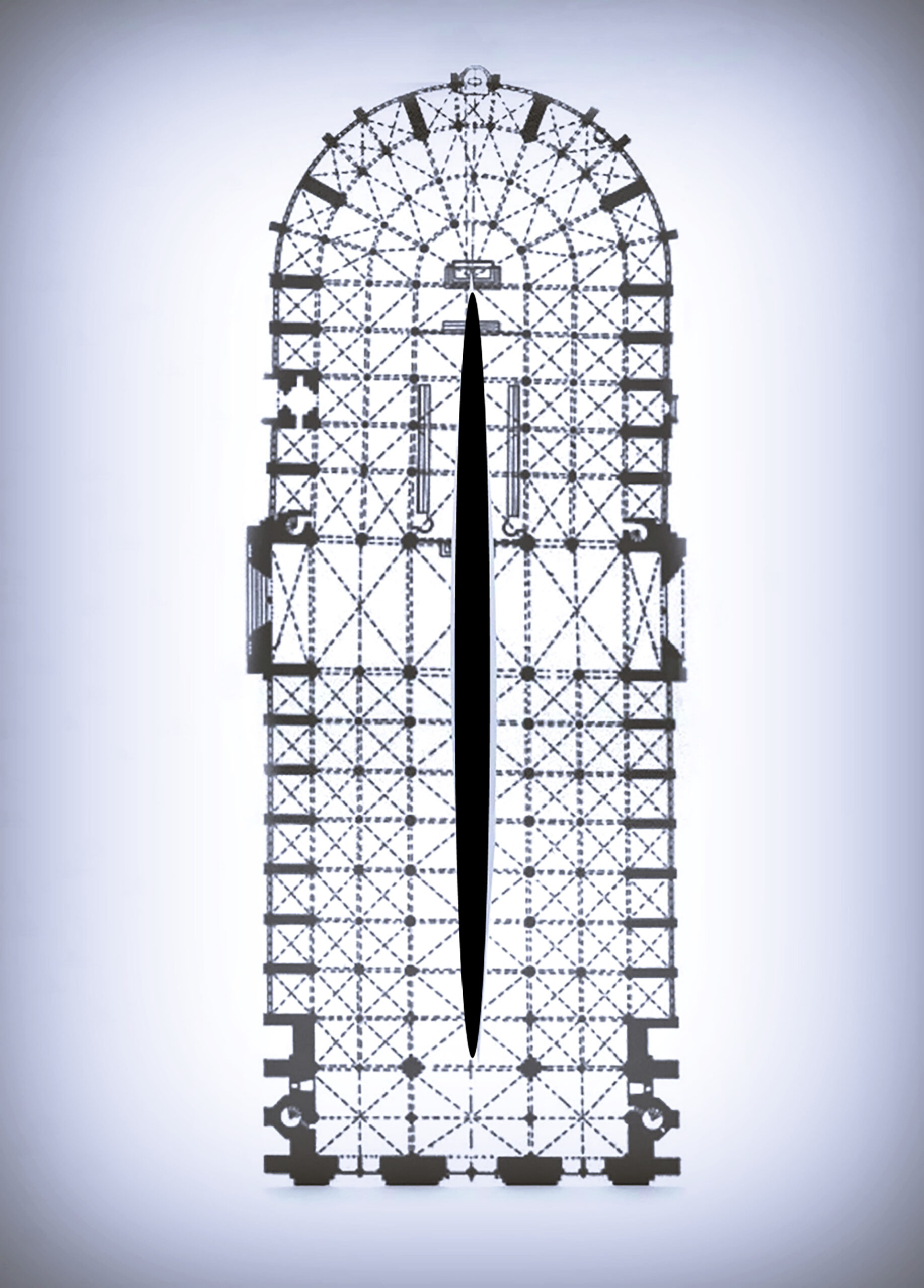Monochromatyczny plan katedry Notre Dame w Paryżu z graficznie sugerowanym rozcięciem nawiązującym do twórczości Lucio Fontany. 	