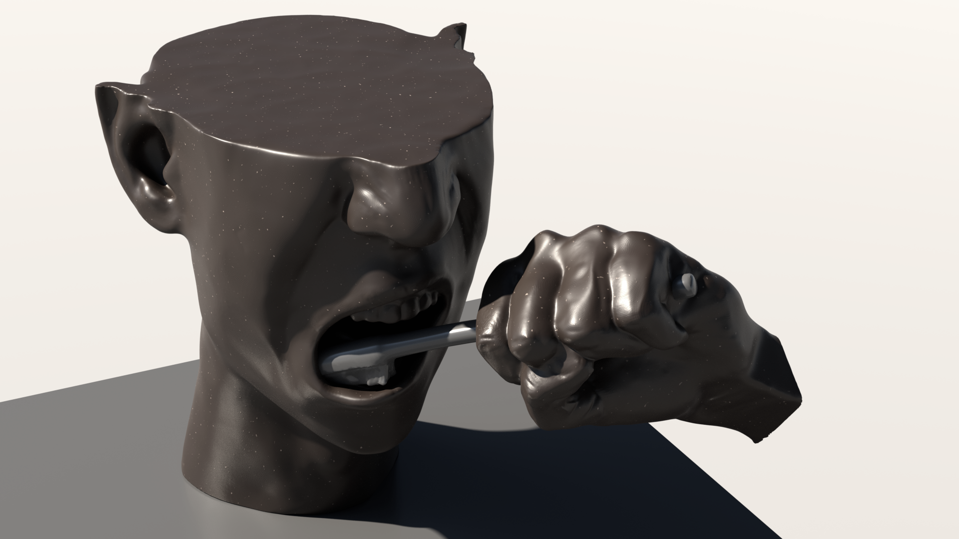Rzeźba cyfrowa przedstawiająca wycinek ludzkiej głowy i dłoń trzymającąszczoteczkę do zębów. Kompozycja skupia się na ukazaniu otwartych ust i myciazębów.