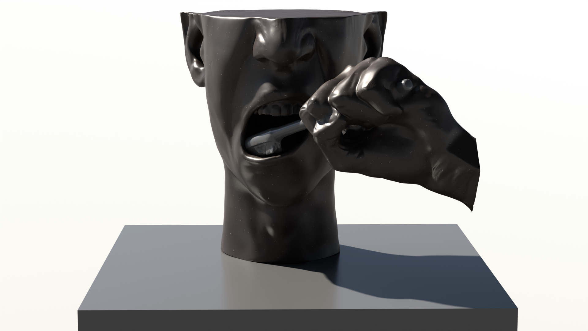 Rzeźba cyfrowa przedstawiająca wycinek ludzkiej głowy i dłoń trzymającąszczoteczkę do zębów. Kompozycja skupia się na ukazaniu otwartych ust i myciazębów.