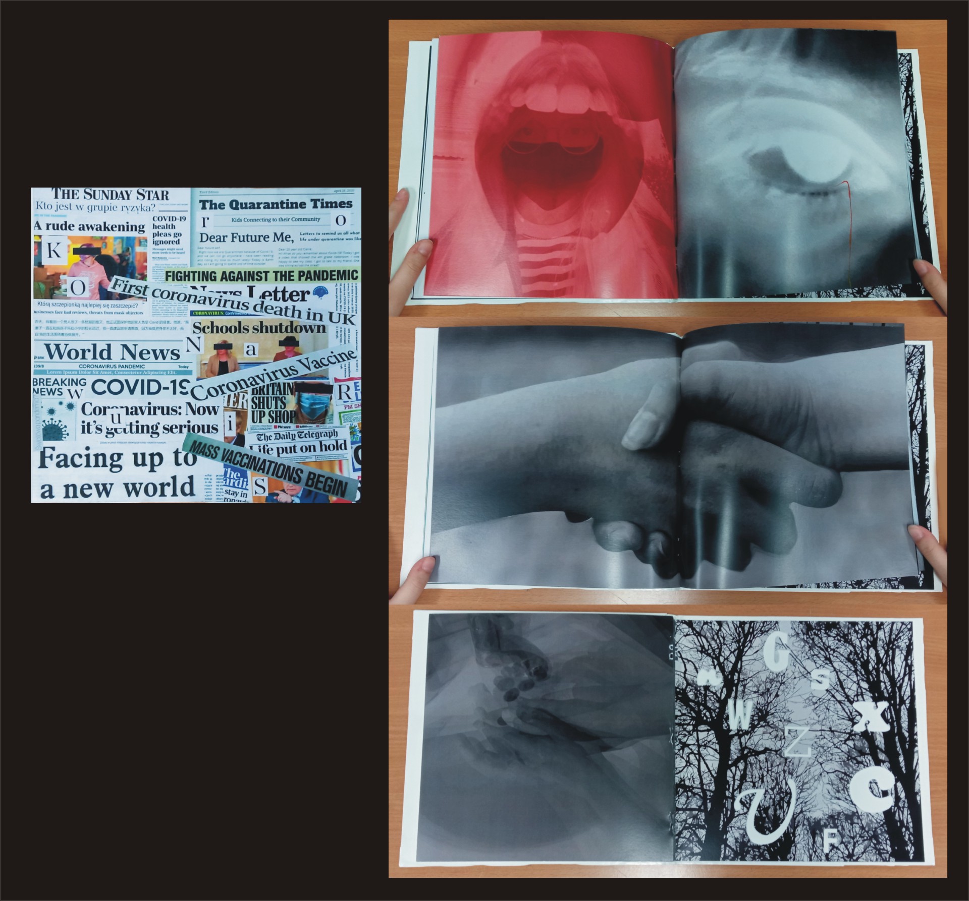 Unikatowa książka artystyczna, na temat pandemii, okładka twarda, zadrukowana wycinkami z gazet, strony – kolaże fotograficzno-literowe w kolorach monochromatycznych z elementami czerwieni 