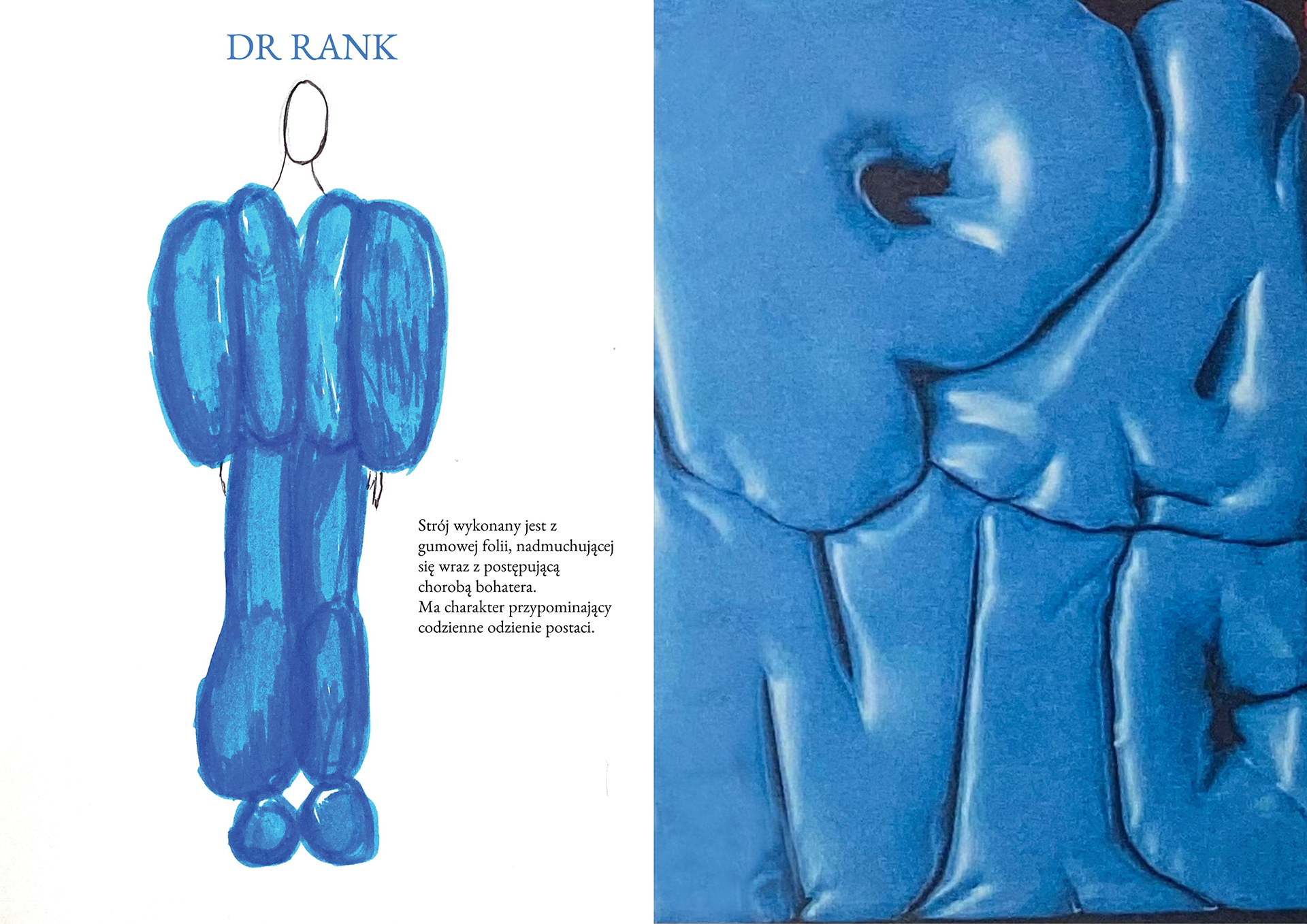 Po lewej rysunek mężczyzny w dmuchanym niebieskim stroju zakrywającym całe ciało oprócz głowy i dłoni. Po prawej dmuchane foliowe niebieskie litery.
