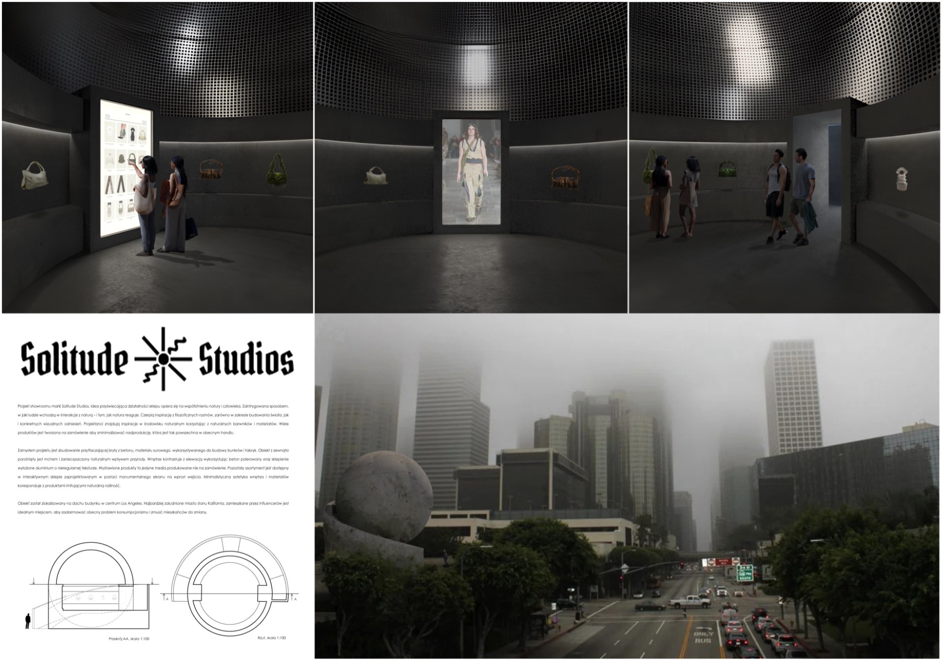 Projekt koncepcyjny showroom’u marki Solitude Studios, zawierający komputerowe wizualizacje barwnych widoków perspektywicznych, ukazujących przestrzeń ekspozycji z punktu widzenia osoby zwiedzającej oraz widok w pejzażu miasta, rzut i przekrój.