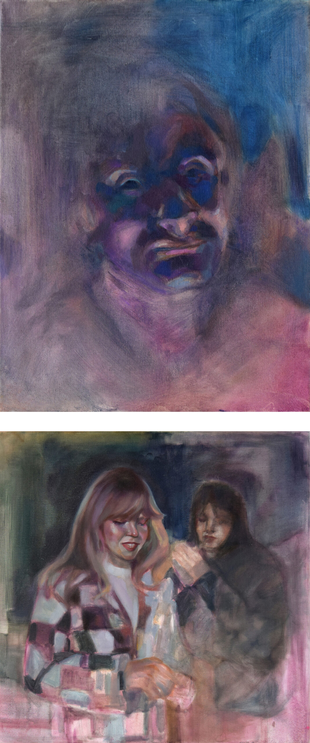 Dwie postaci, znajdujące się na balkonie w nocy. Z przodu autorka obrazu, z tyłu odpalająca papierosa dziewczyna.