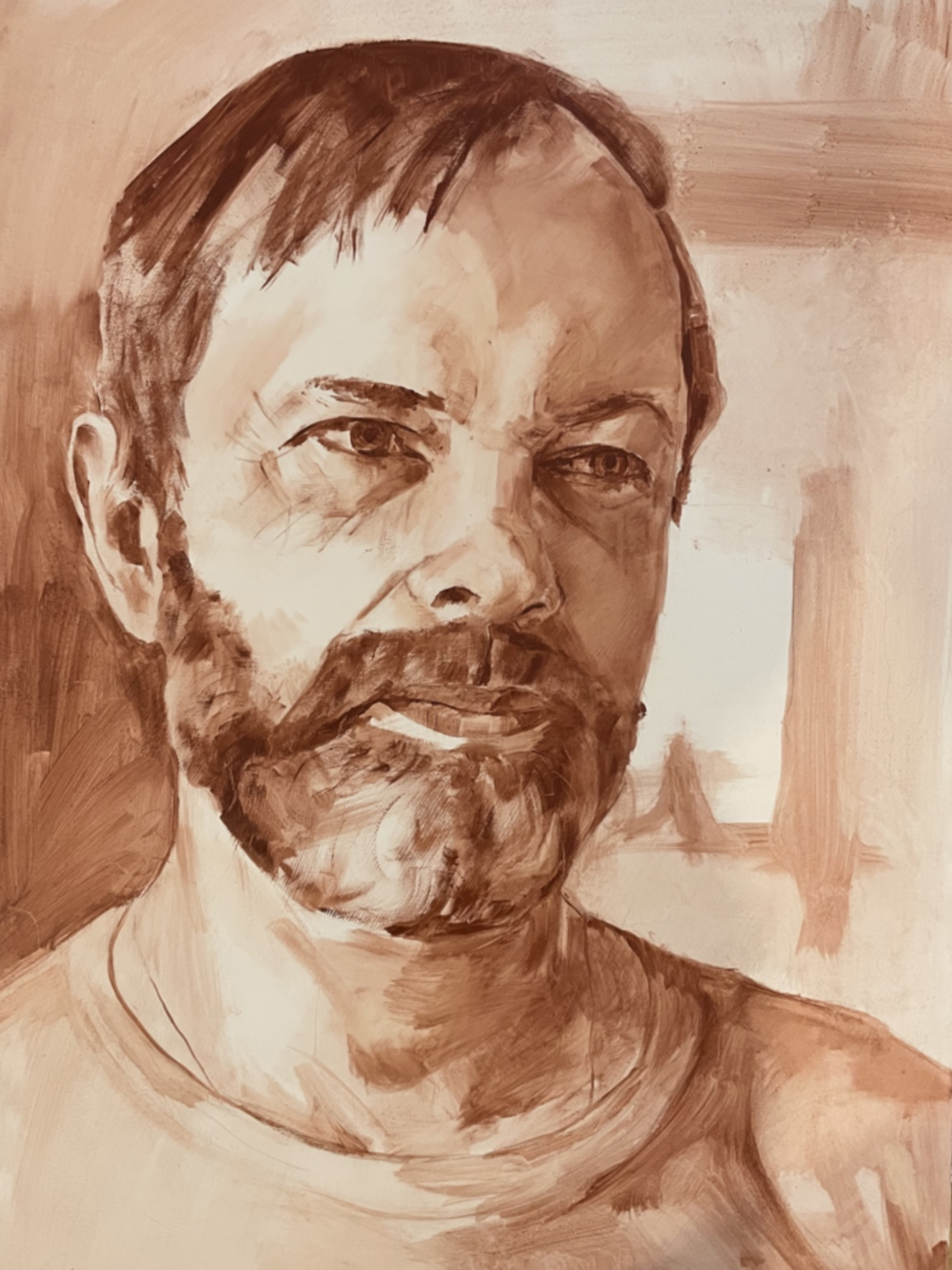 Portret mężczyzny, ojca autorki, wykonany brązową farbą olejną na zasadzie lawowania.
