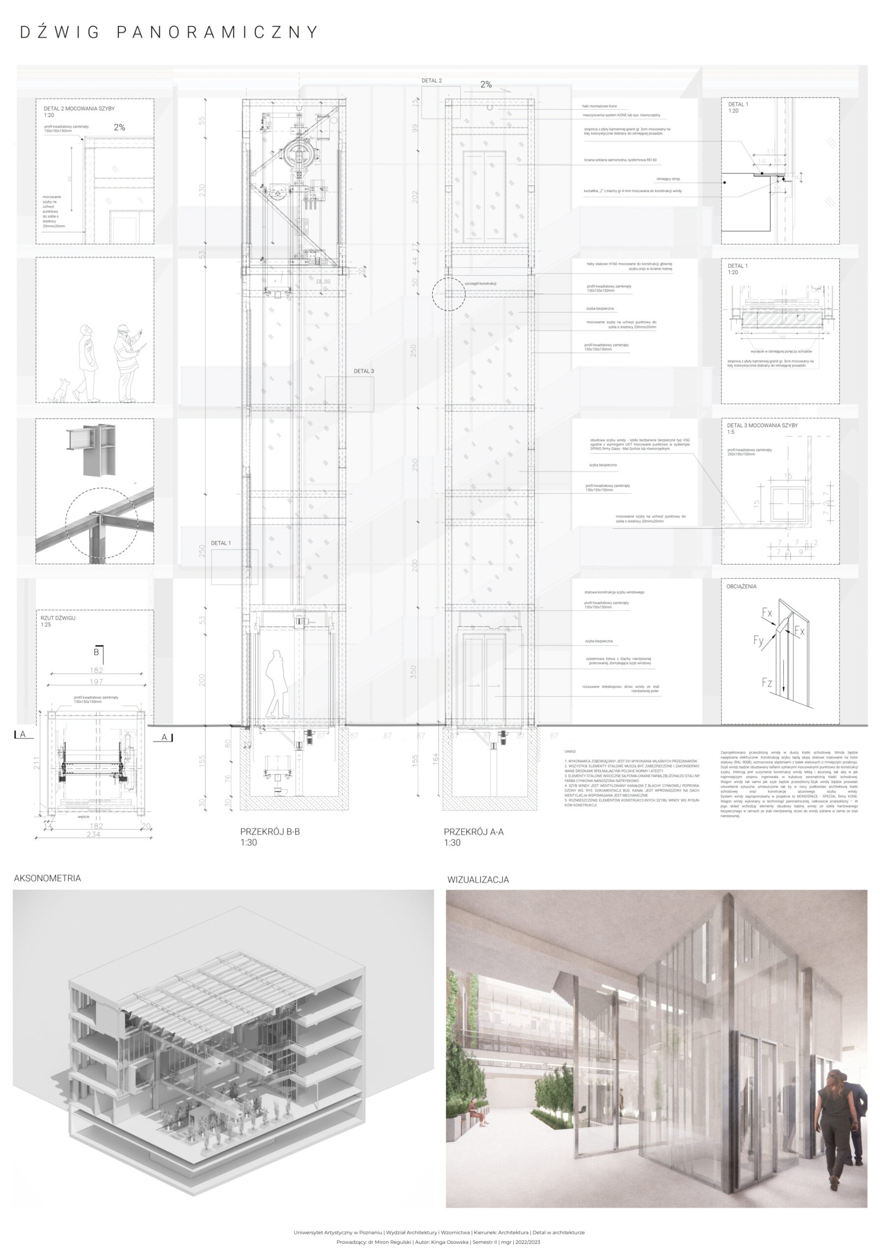 Dolna lewa część: wizualizacja aksonometryczna - przekrój budynku w miejscu patio.Dolna prawa część: wizualizacja projektowanego detalu w przestrzeni patio.Górna część:rysunki techniczne, schematy, opisy wyrobów budowlanych oraz rozwiązań technicznych.