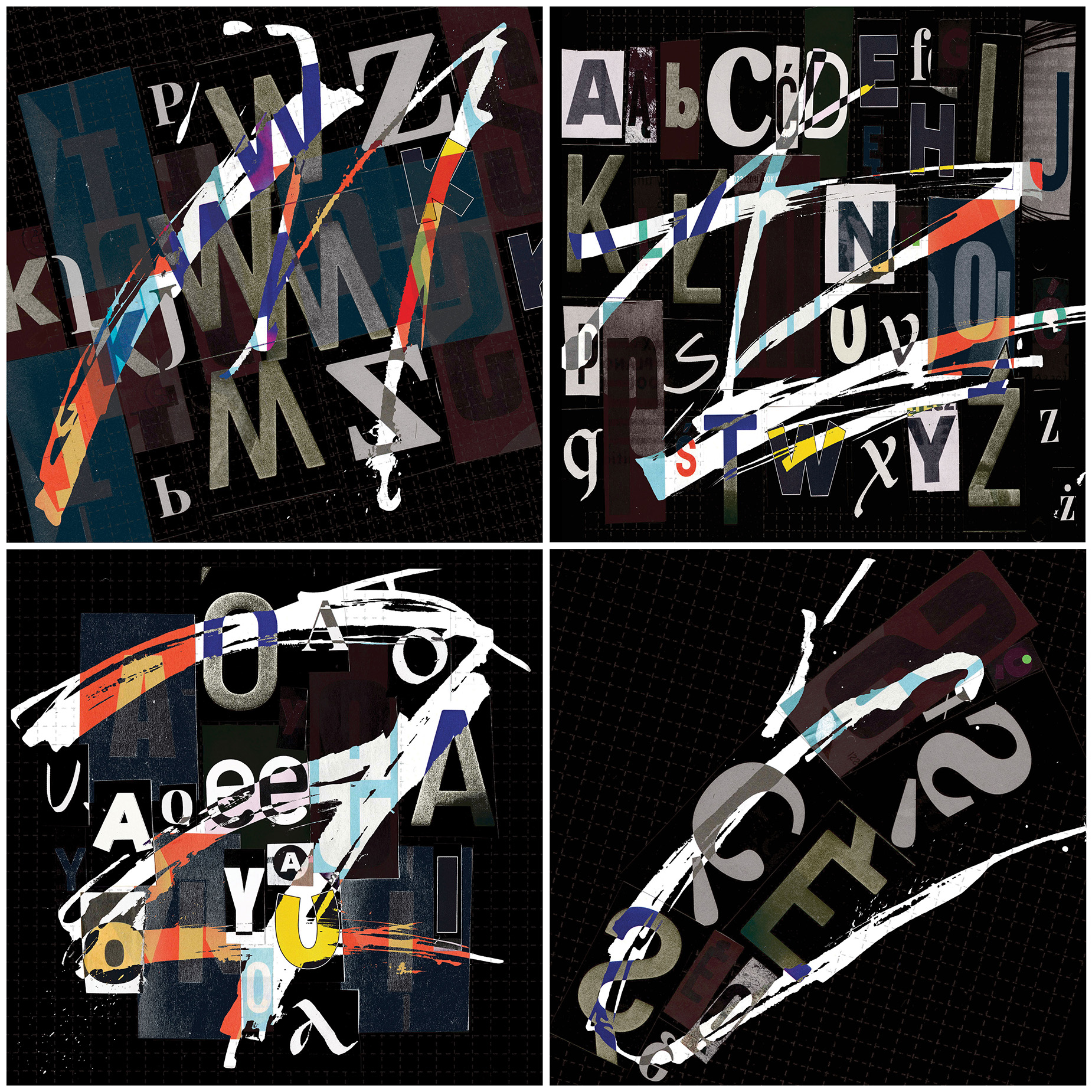 Cztery obrazy liternicze, w formacie kwadratu, kolorowe kolaże literowe, pismo ręczne, komputerowe, wydruki na sztywnym podkładzie  